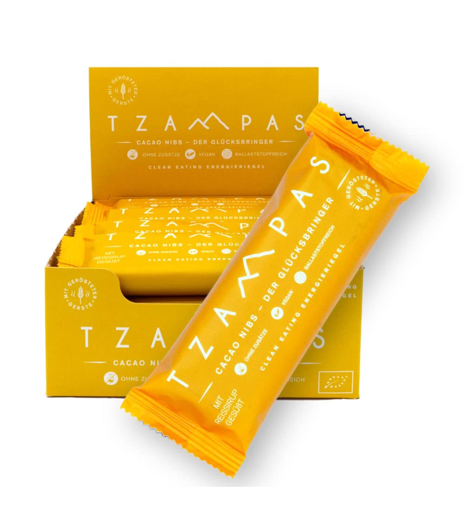 Tzampas Energierliegel Cacao NIBS - Organic Vegan Energy Bar with Raw Cocoa Nibs - 16x40g | Power Riegel for Cycling - Additive-Free & Healthy Snack - Buy Online on SooperMarket.com