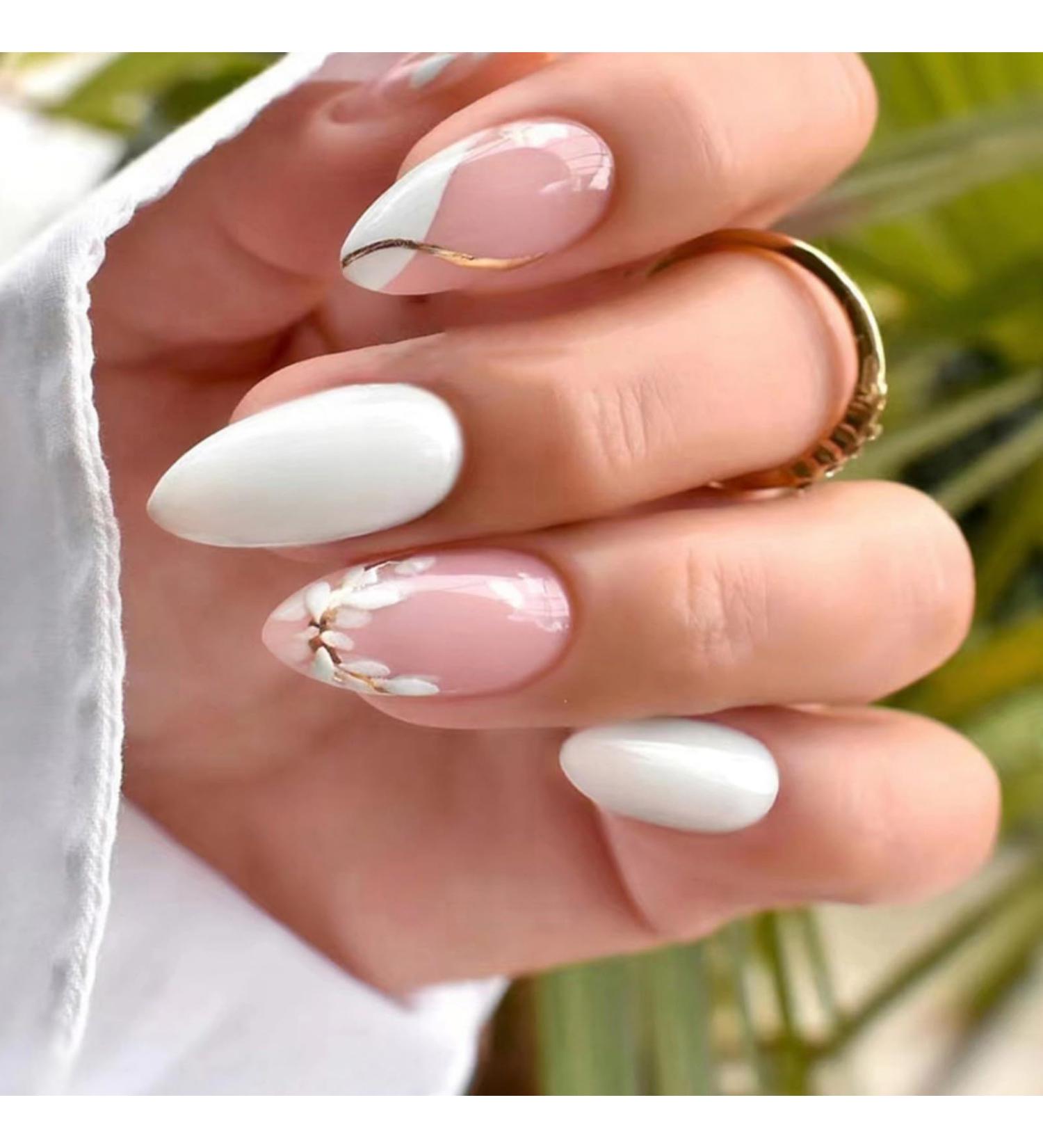 Justotry 24 Pcs White Flower Stiletto False Nails | Milky French Press on Nails | Trendy Swirl Design | Nail Glue & Almond Stick Included | Short & Medium Length | Women's Art Fake Nails - Buy Online on SooperMarket.com