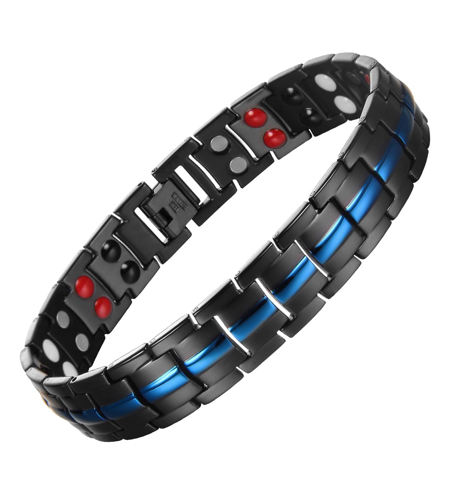 MagEnergy Titanium Steel Magnetic Bracelet for Men - Double Row Ultra Strength Magnets, Adjustable Links, Removal Tool - Blue-4 Element Wristband - Buy Online on SooperMarket.com