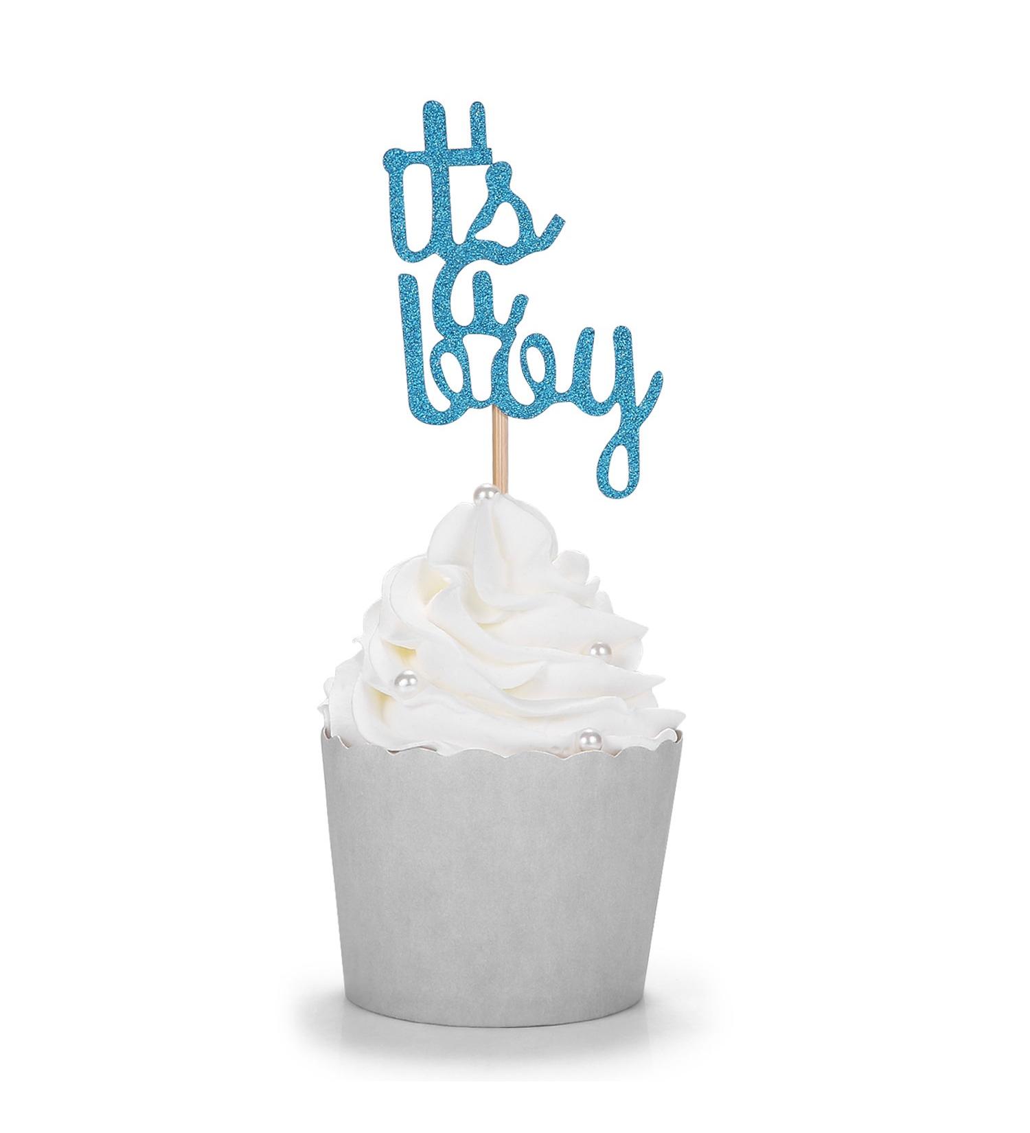 Blue Glitter It's a Boy Cupcake Toppers Baby Shower Gender Reveal Party Decors