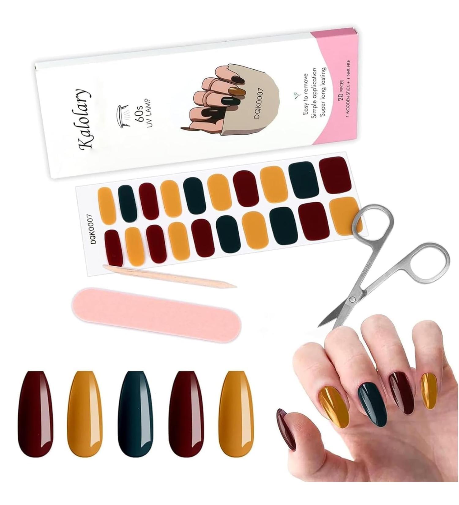 Kalolary Gel Nail Polish Strips Nail Gel Art Sticker Waterproof Full Nail Wraps Decal Sets with Scissors Nail File and Stick for Women Girls Nail Art Decor (UV/LED Lamp Required)-7 - Buy Online on SooperMarket.com