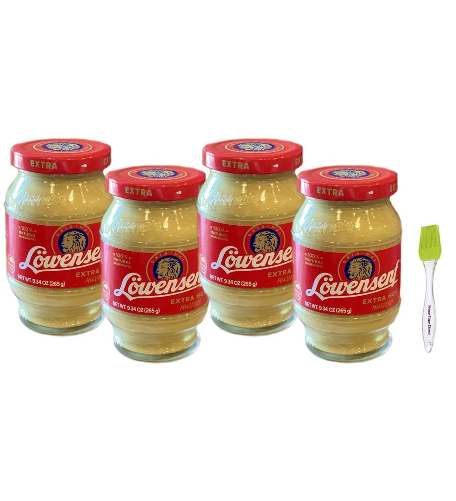 Lowensenf Extra Hot German Mustard, 9.3 oz (4 Pack) Bundle with PrimeTime Direct Silicone Basting Brush in a PTD Sealed Bag