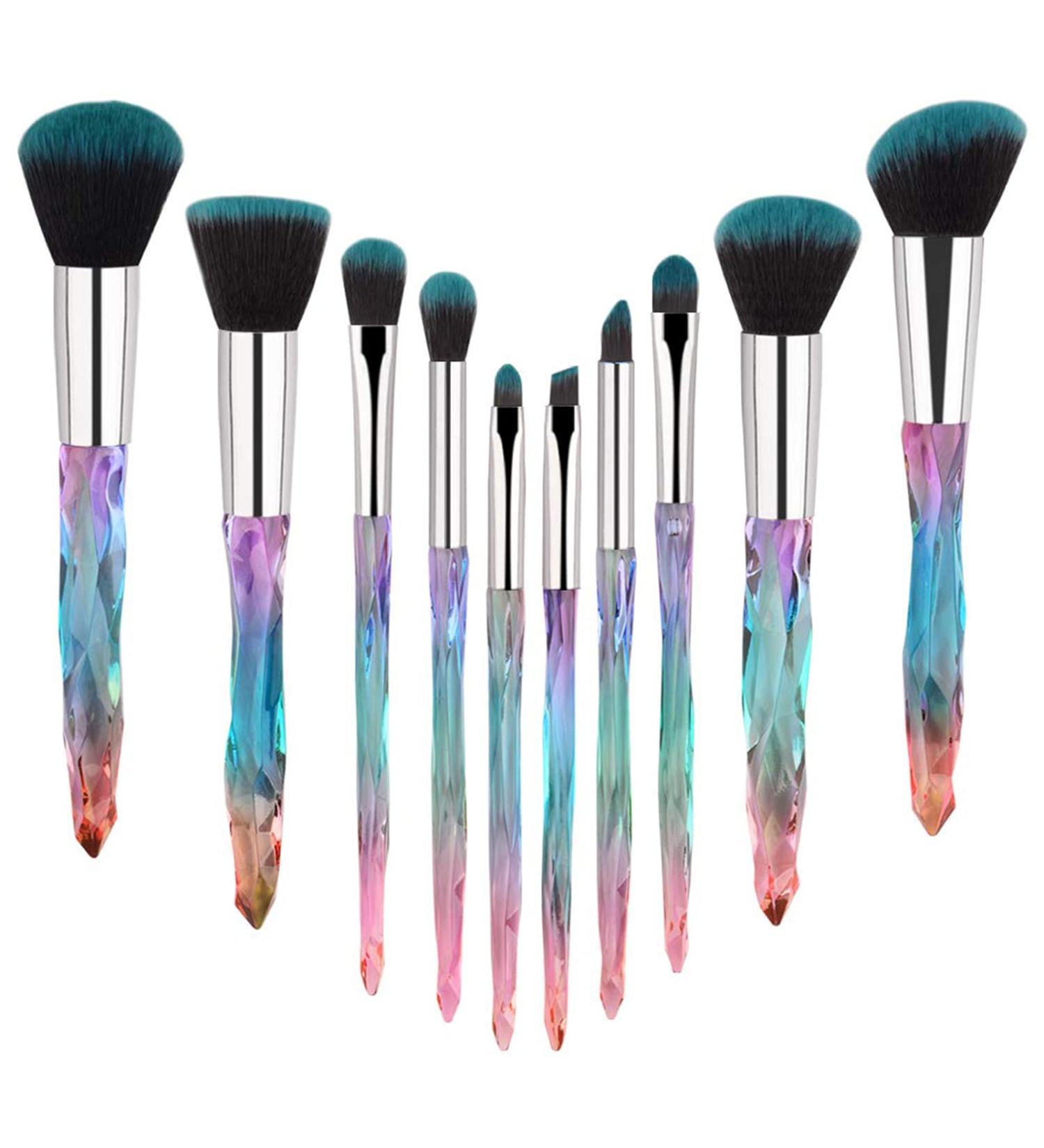 Crystal Handle Makeup Brushes Set - 10pcs Colorful Diamond Kabuki Brushes for Foundation, Concealer, and Eye Shadows - Blue - Buy Online on SooperMarket.com