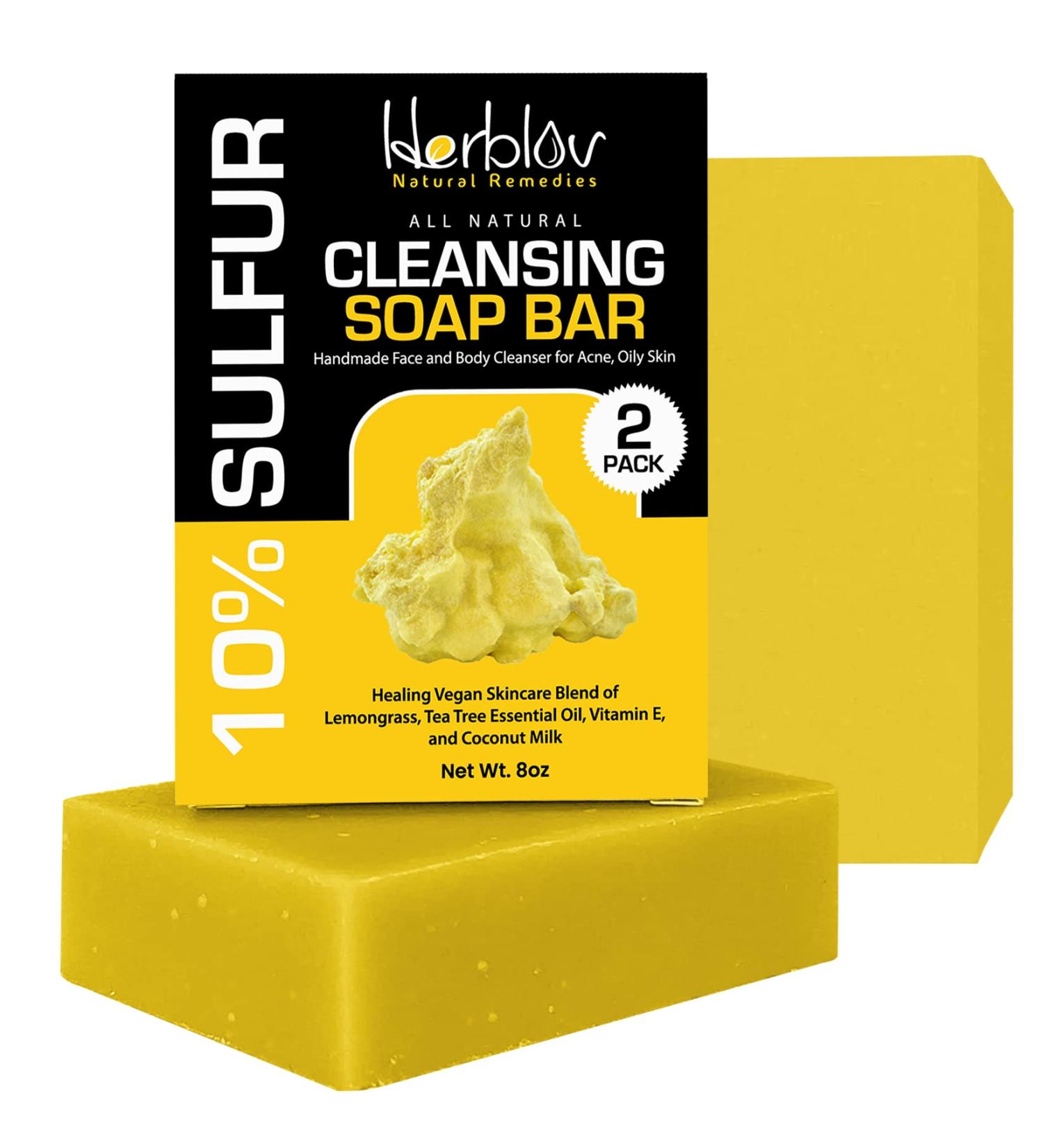 Sulfur Soap Bar for Acne & Oily Skin - Natural Face & Body Cleanser with Lemongrass, Tea Tree Oil & Vitamin E - Made in USA - 4 oz (Pack of 2) - Buy Online on SooperMarket.com