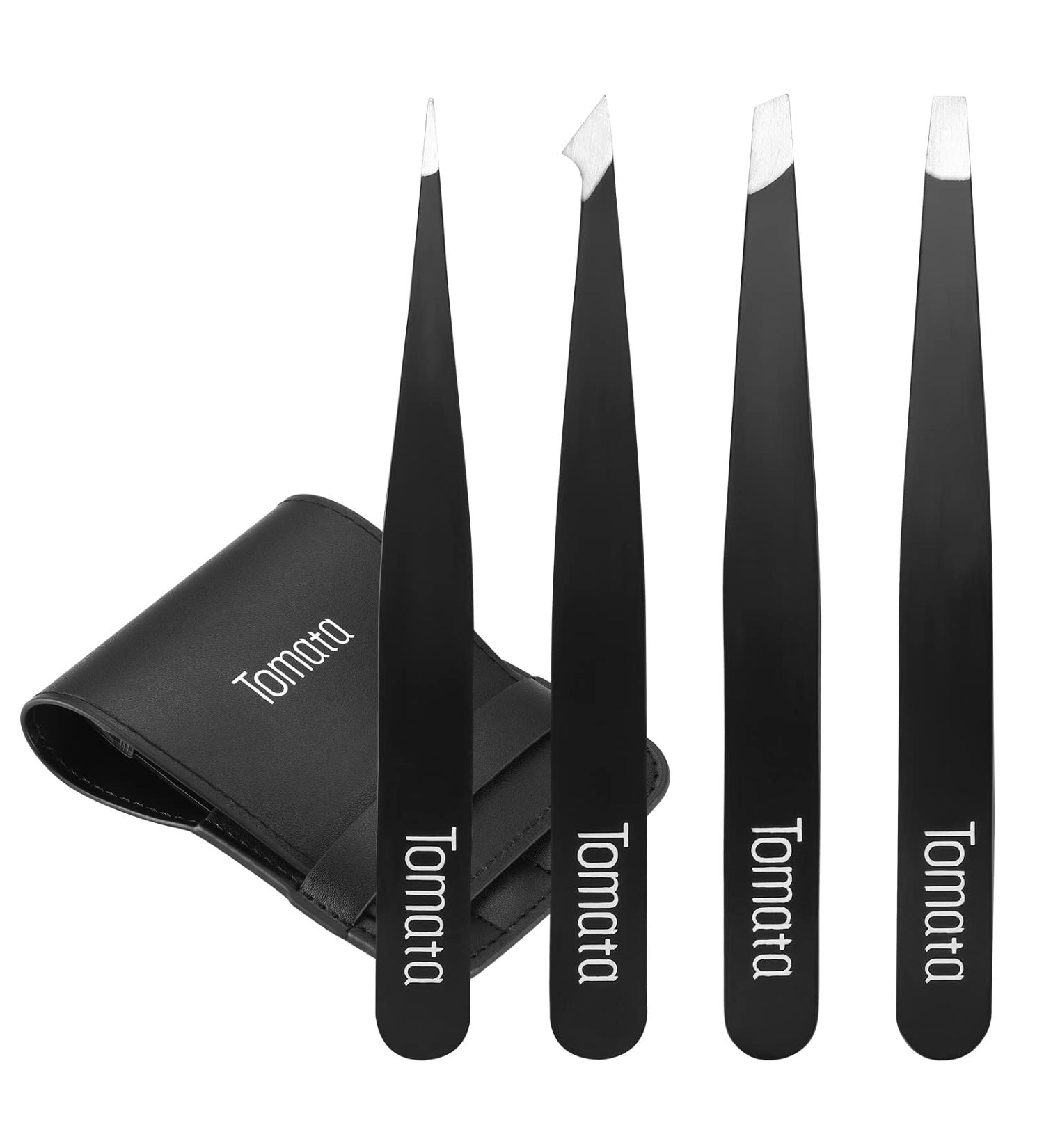 Precision 4-Piece Eyebrow Tweezer Set | Slant & Pointed Tips for Hair Removal | Black - Buy Online on SooperMarket.com