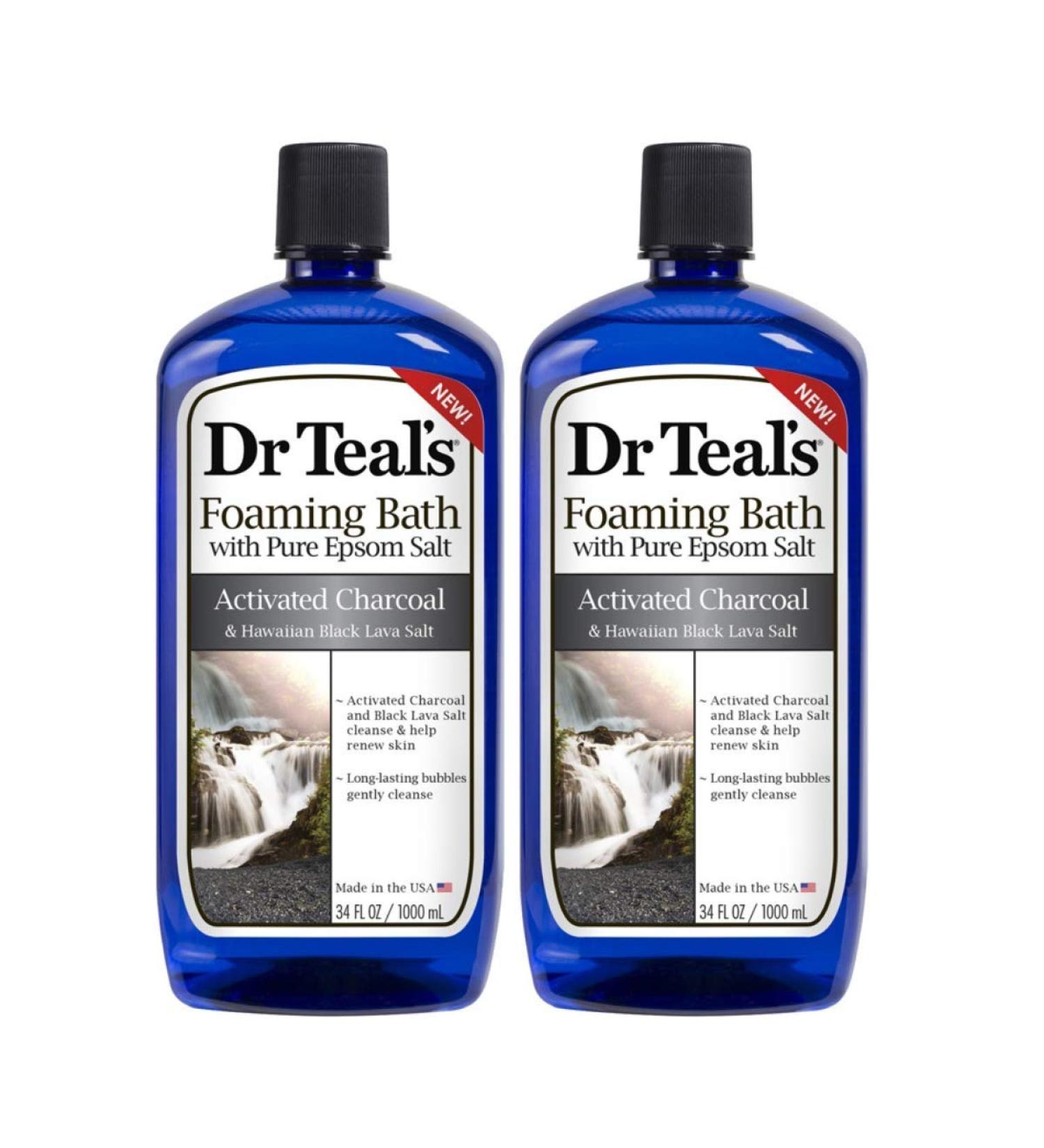 Dr Teal's Epsom Salt Activated Charcoal & Hawaiian Black Lava Salt Foaming Bath - Pack of 2, 34 Oz ea - Detoxify and Moisturize Your Skin, Relieve Stress and Sore Muscles, Long Lasting Bubbles