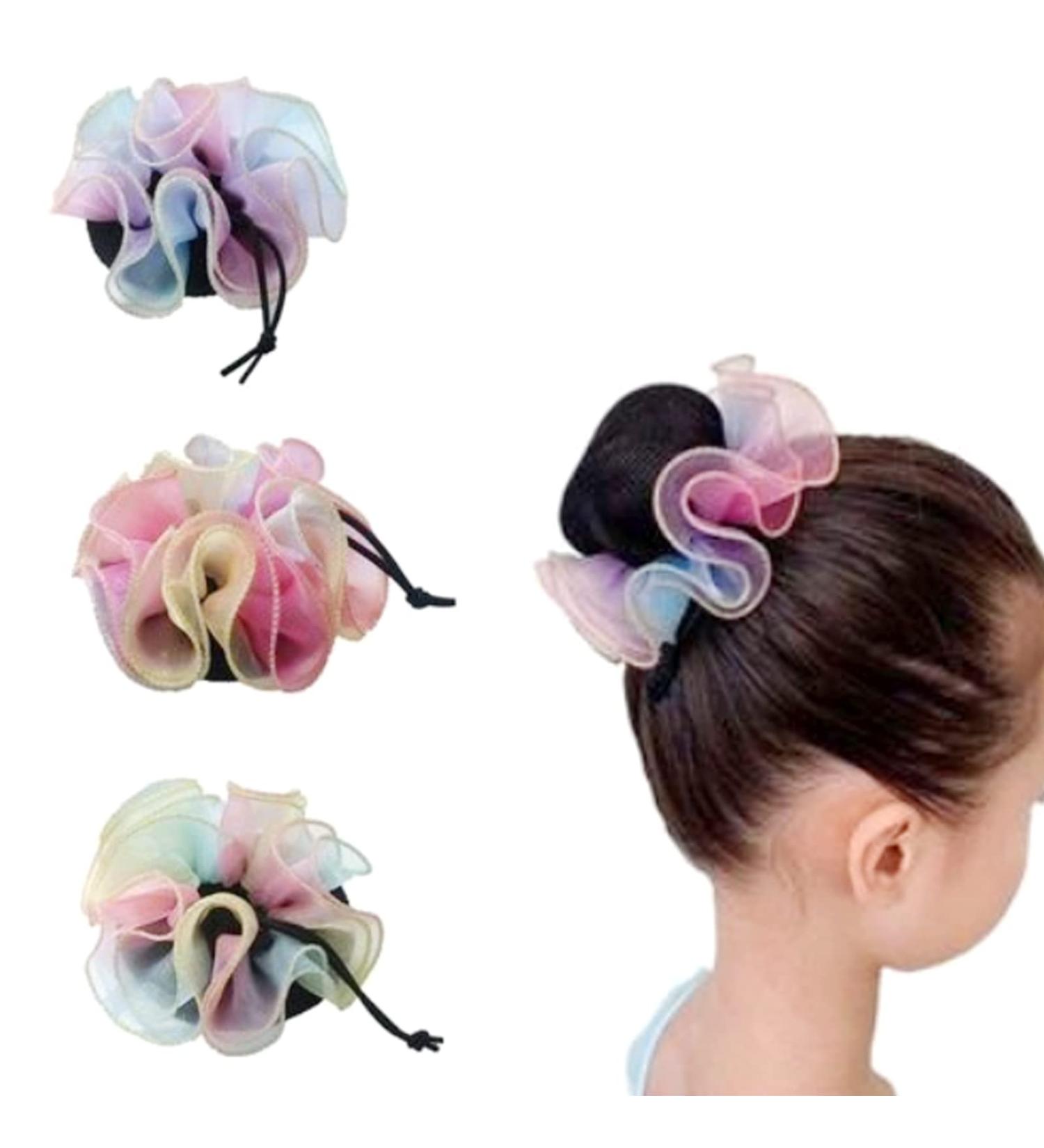 AsggBah 3pcs Colored Hair Net Bun Covers with Flower Deco | Dance Snood Hair Accessories for Dancers & Skaters - Large Size - Buy Online on SooperMarket.com