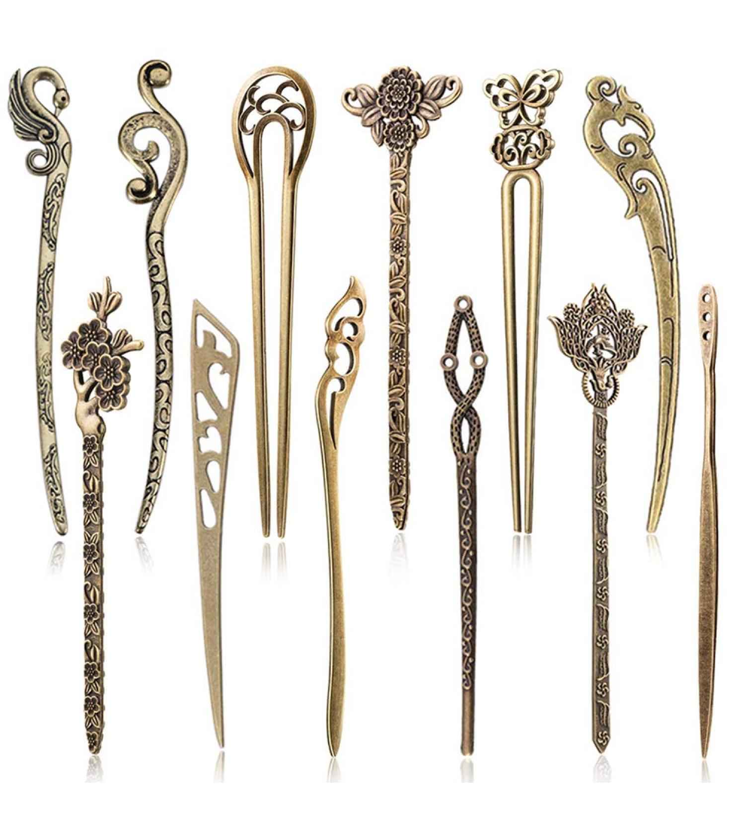 Buy 12 PCS Antique Bronze Chinese Hair Sticks - Vintage Decorative Hairpins for DIY Hair Accessories - Buy Online on SooperMarket.com