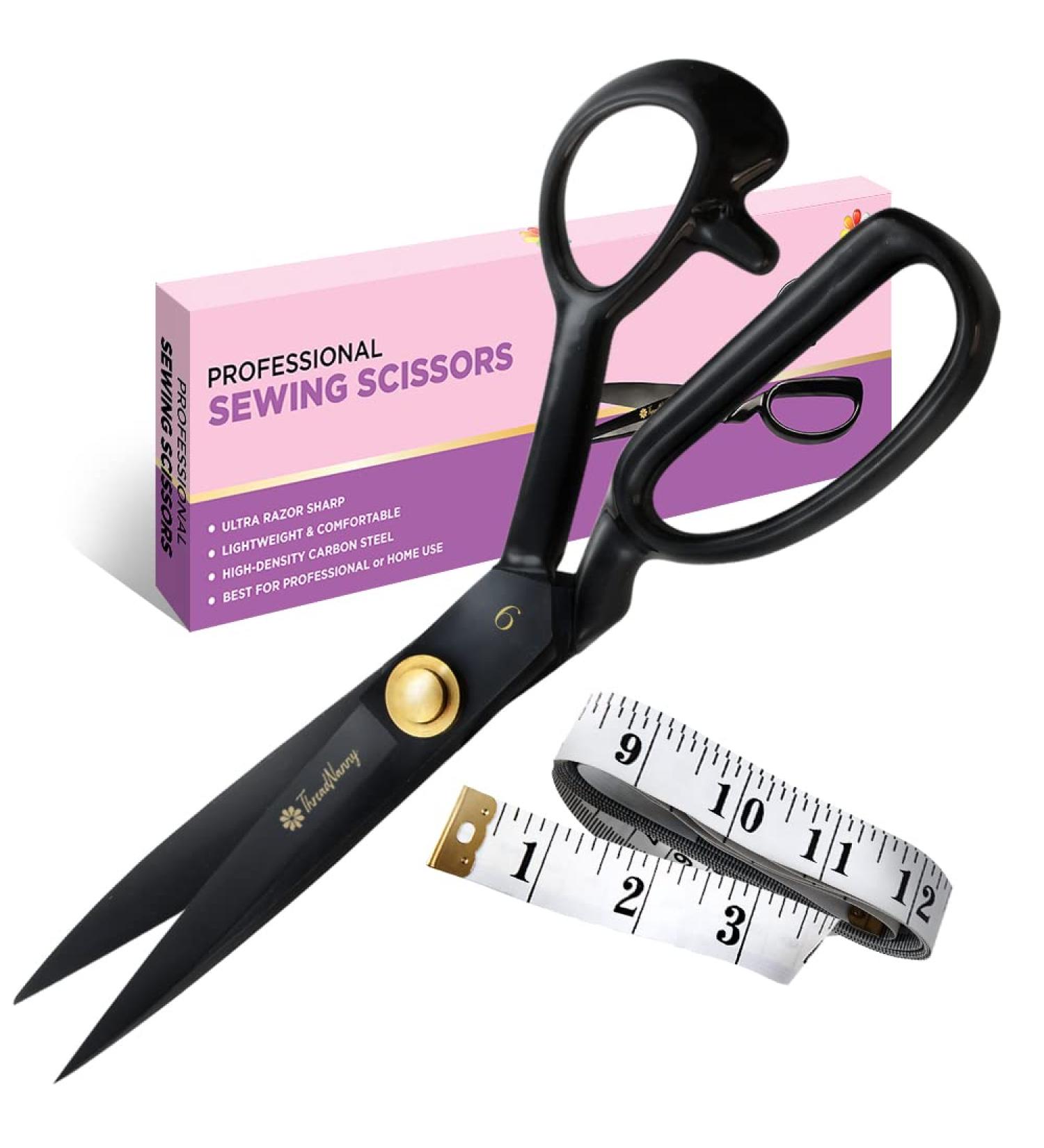 Premium 9-inch Fabric Scissors for Sewing - High Density Carbon Steel Shears with Bonus Measuring Tape for Fabric, Leather, and Metal Cutting - Buy Online on SooperMarket.com