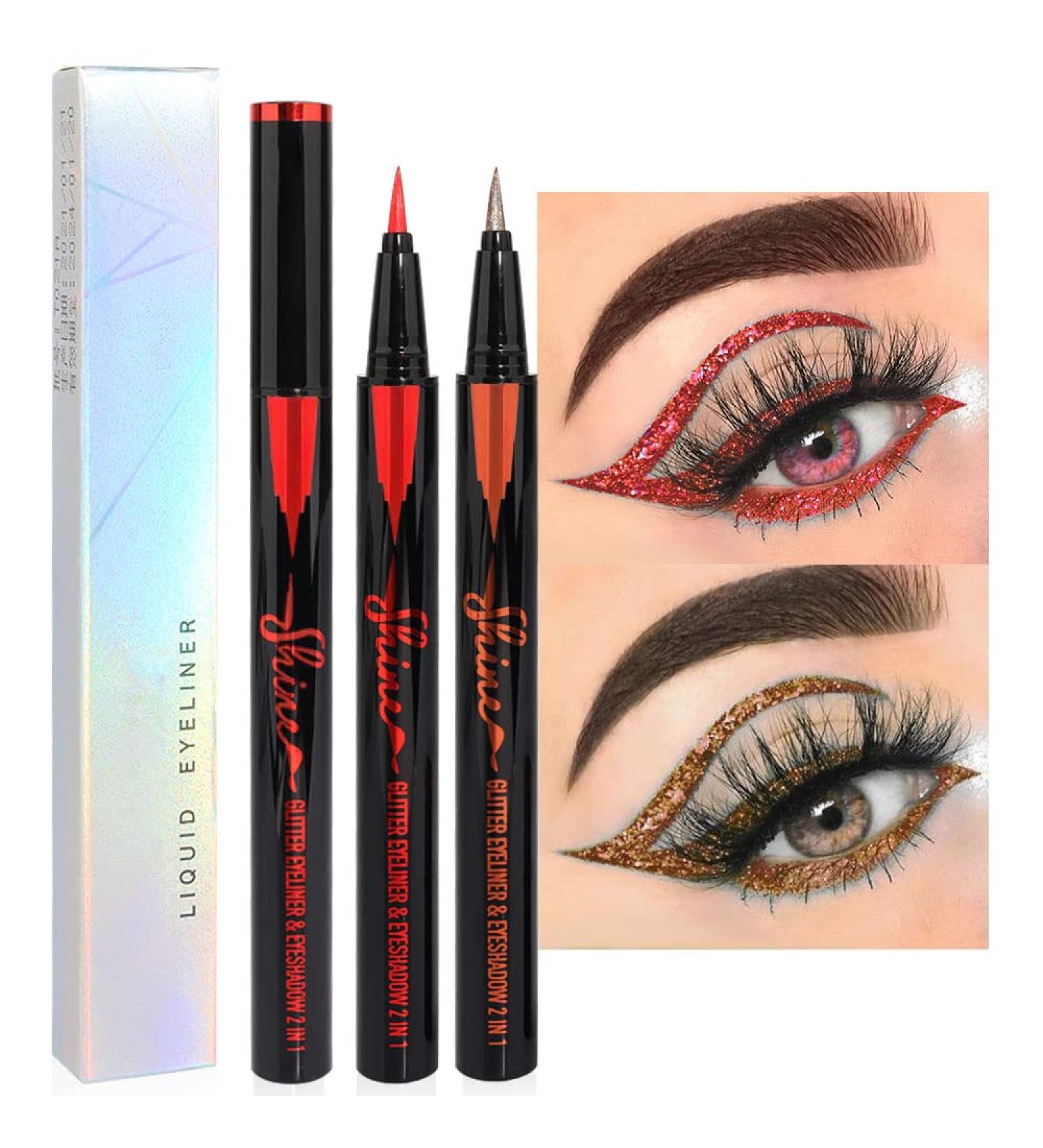 2Pcs Glitter Liquid Eyeliner Makeup Pen Set - Red & Bronze Metallic Satin Finish | Waterproof, Smudge Proof, Long Lasting | High Pigmented Sparkle Eye Liner Pen - 2 Count - Buy Online on SooperMarket.com