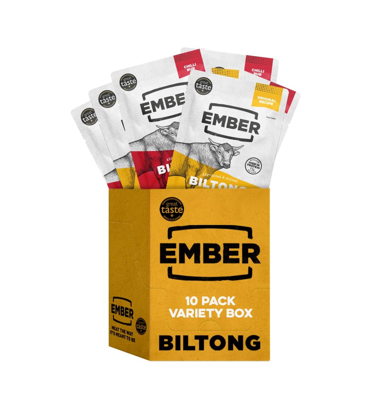 Ember Snacks Biltong Beef Jerky - 10 x 25g Variety | Low-Calorie Low-Fat On-the-Go Snack Made from British & Irish Beef - Buy Online on SooperMarket.com
