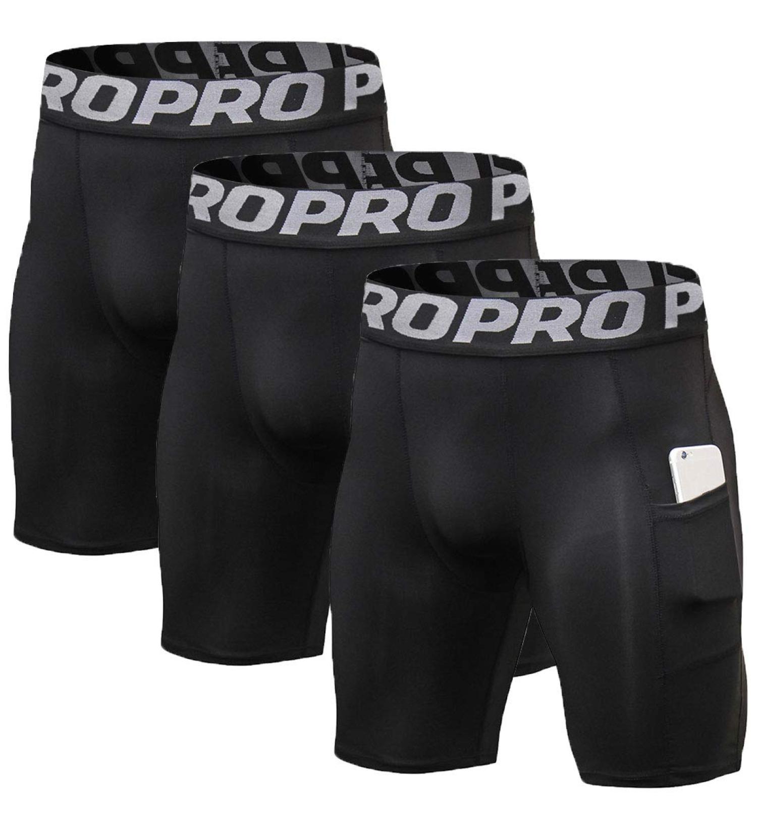 Mens Compression Running Shorts 3 Pack with Phone Pocket - Black - Large - Athletic Gym Yoga Cool Dry Workout Underwear - Set of 3 - Buy Online on SooperMarket.com