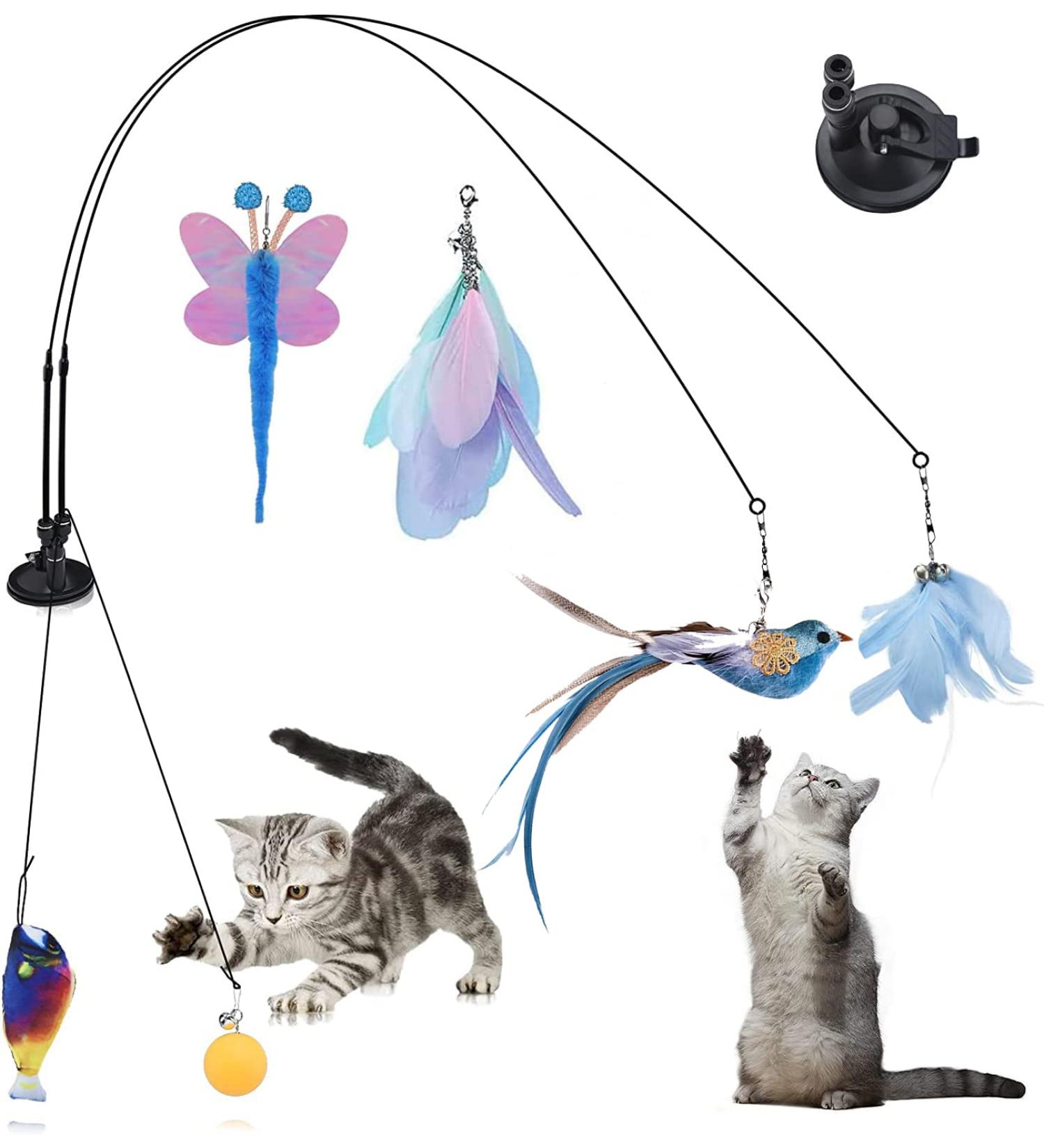 Jetczo Cat Feather Toys  Interactive Cat Toy with Super Suction Cup Detachable 6 PCS Feather Replacements with Bell  2 Wand Cat Spring Feather Toys for Indoor Cats Kitten Play Chase Exercise - Buy Online on SooperMarket.com