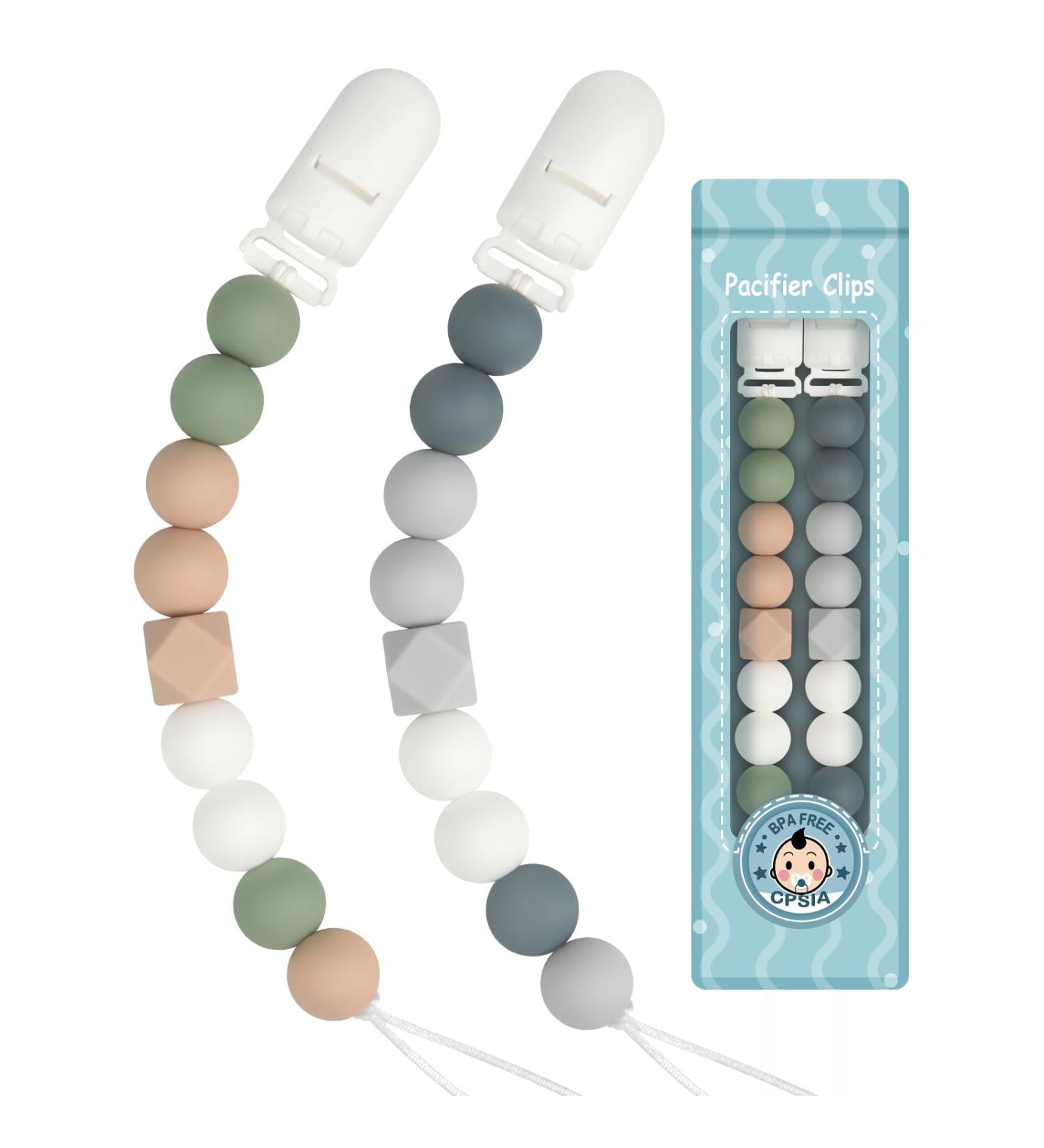Kowlone Pacifier Chain for Girls - Silicone Dummy Clips & Holder 2-Pack (Gray & Green) - Perfect Baby Shower Gift - Buy Online on SooperMarket.com