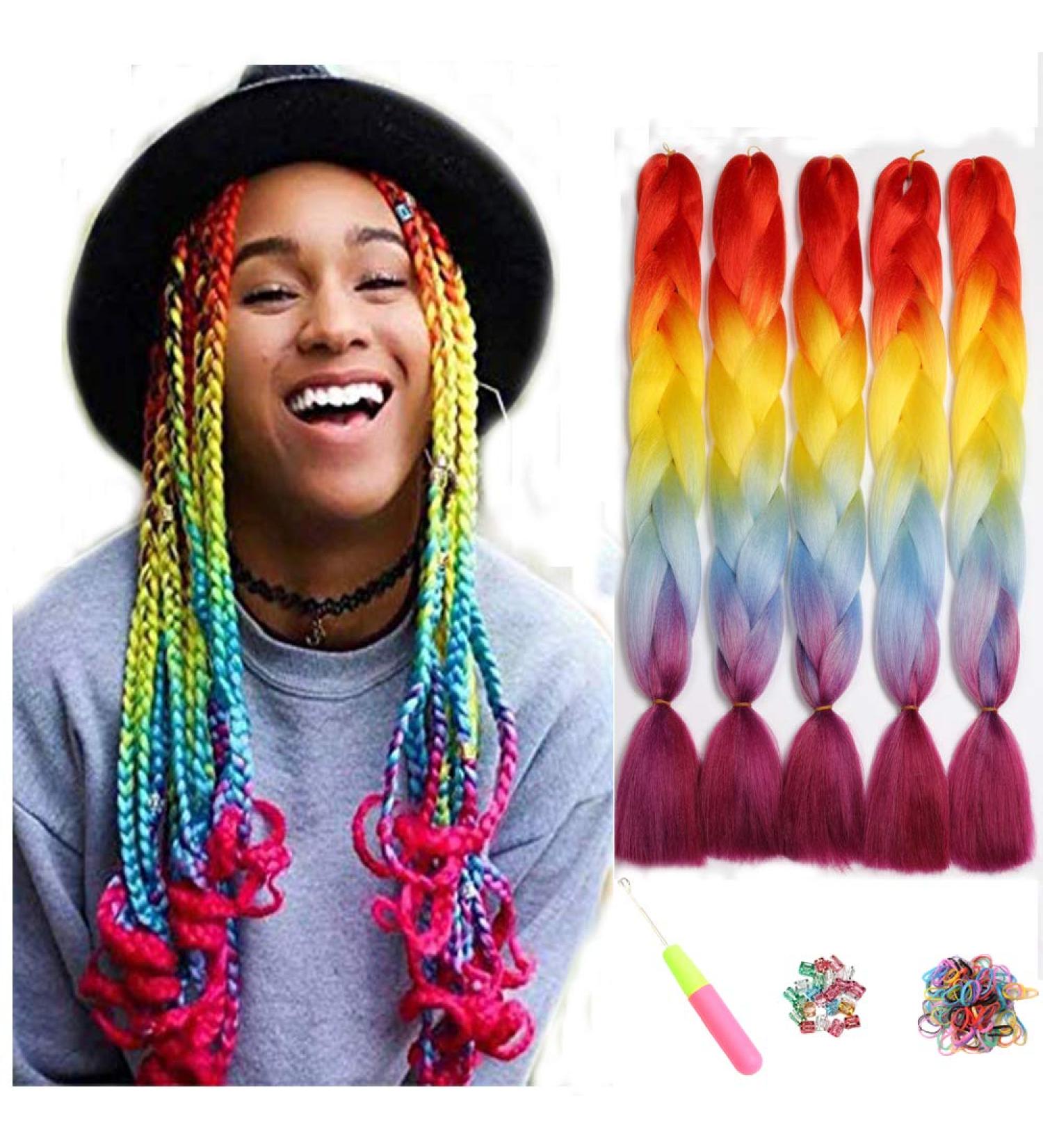 Showjarlly Jumbo Braid Art Hair Extensions - 24 inch Ombre KanCalon Braid for Crochet & Box Braids - 5 Pack in Orange/Yellow/Blue/Purple/Red - Buy Online on SooperMarket.com
