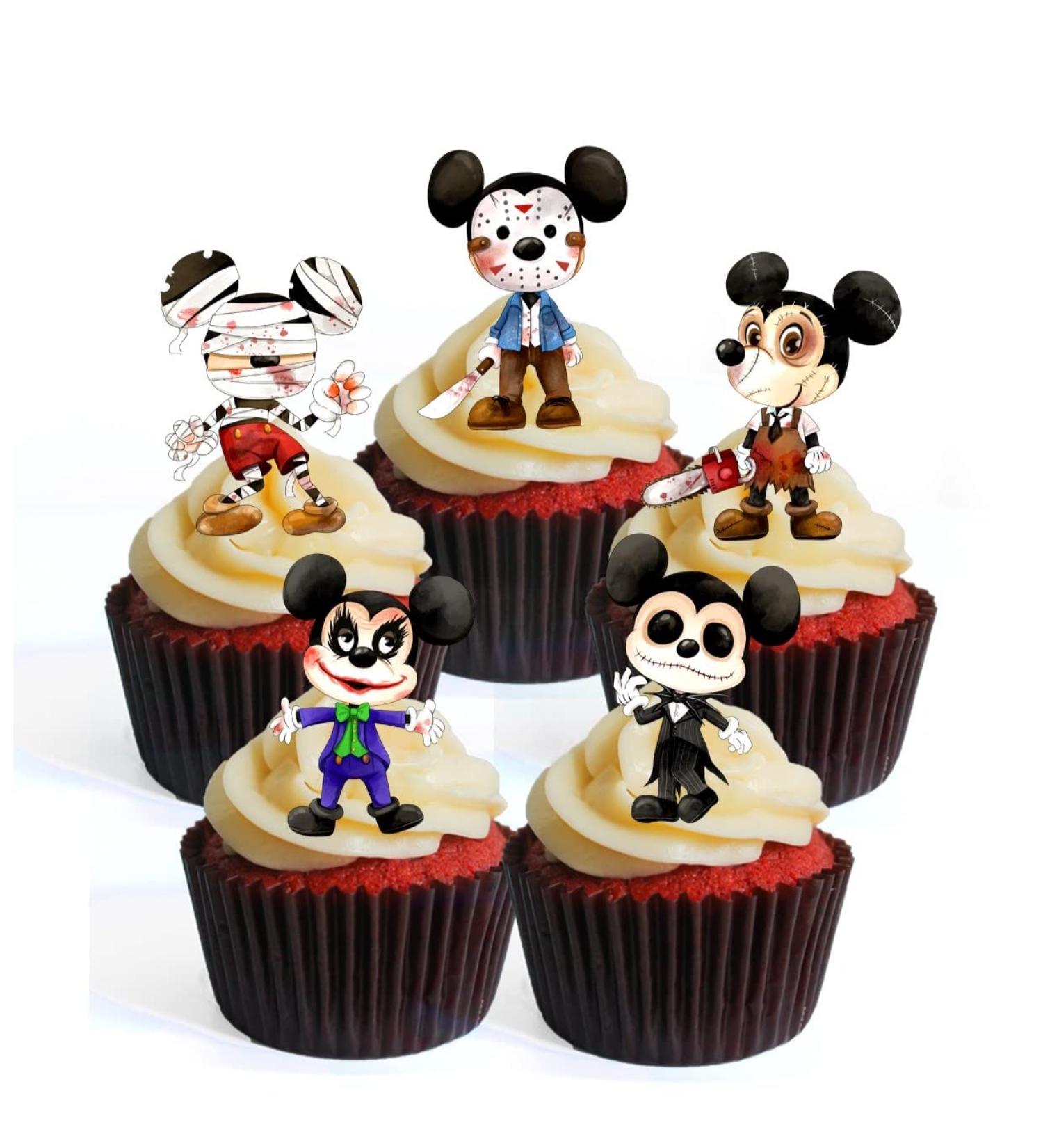 Halloween Horror Mouse Cupcake Toppers Mickey Theme (PRECUT Optional) Edible Cupcake Toppers - Stand Up/Lie Flat Wafer Cake Decorations (UNCUT Pack of 12)
