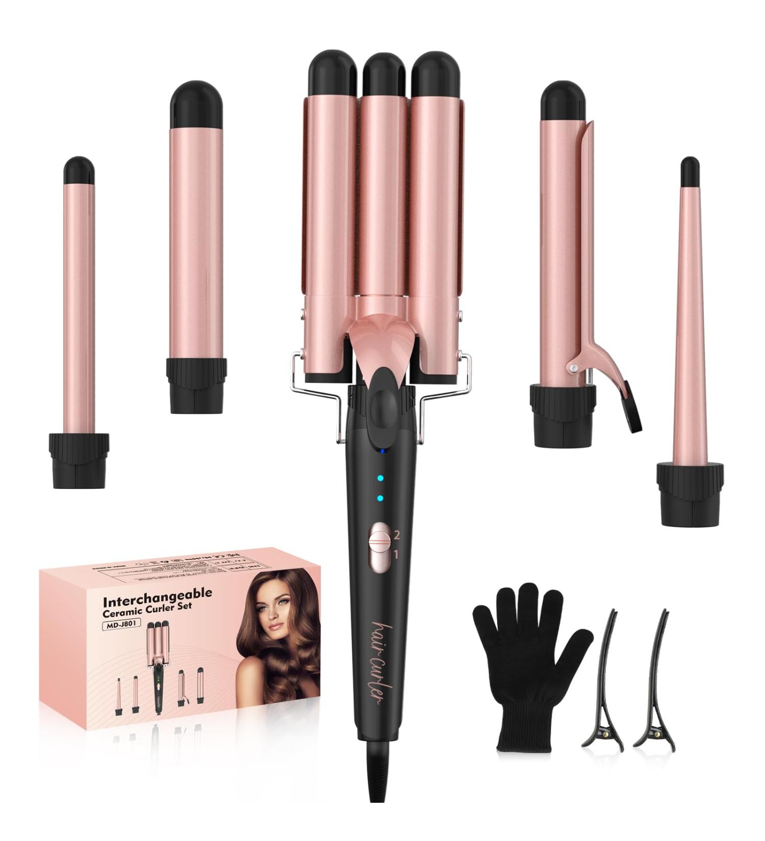 5 in 1 Wand Curling Iron Set - Interchangeable Ceramic Curlers Dual Voltage Hair Waver & Quick Heating Tool - Perfect for International Shipping - Buy Online on SooperMarket.com
