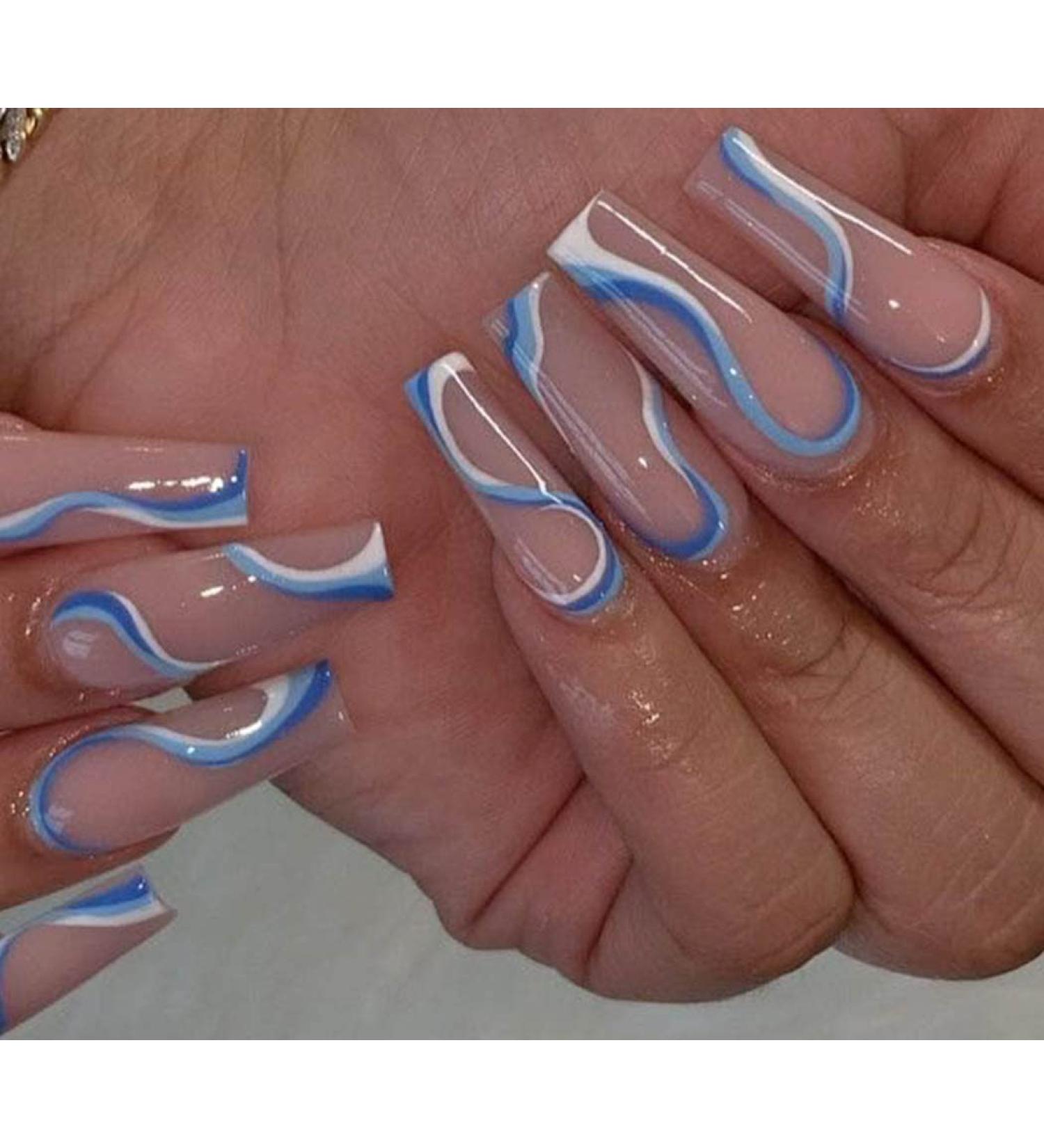 Vatocu Coffin Shiny False Nails - Long Wavy Lines Nude Color Stick-On Acrylic Nails for Women & Girls (24pcs) | International Shipping Available - Buy Online on SooperMarket.com