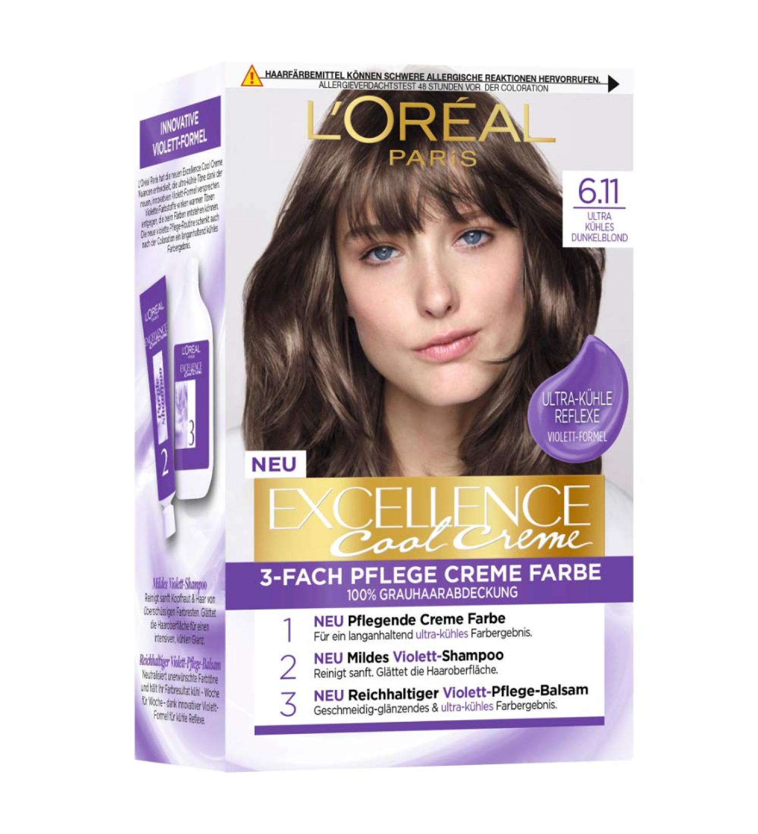 L'Or al Paris Excellence Cool Cream Hair Color - 100% Gray Coverage Ultra Cool Dark Blonde 6.11 258g Set with Shampoo & Care Cream - Buy Online on SooperMarket.com