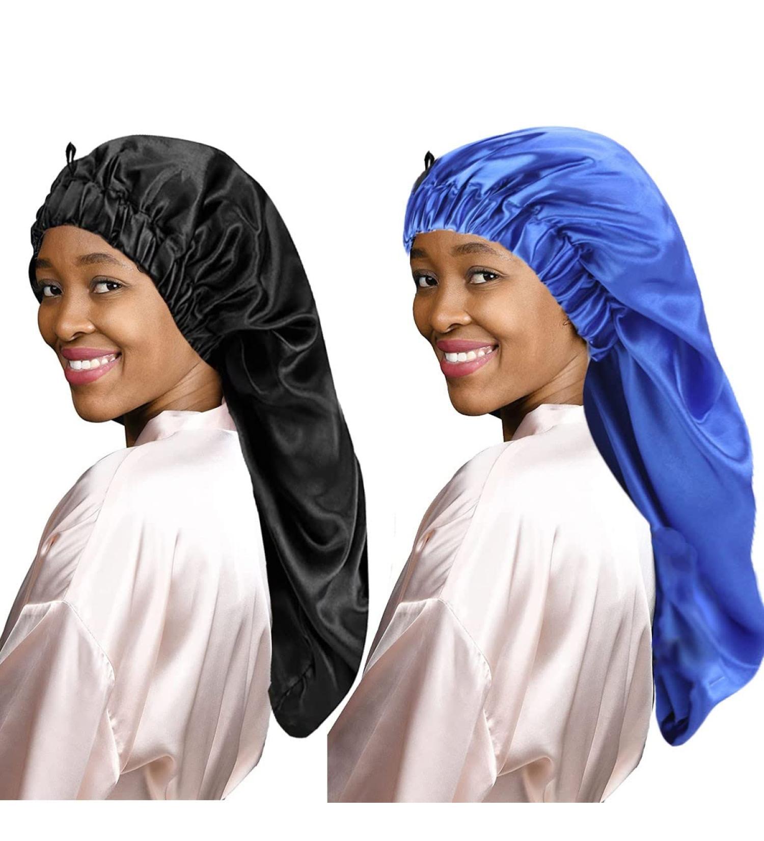 LadayPoa 2 Pcs Long Satin Sleep Cap for Women - Black+Blue | Silky Bonnet for Curly Hair Protection - Buy Online on SooperMarket.com
