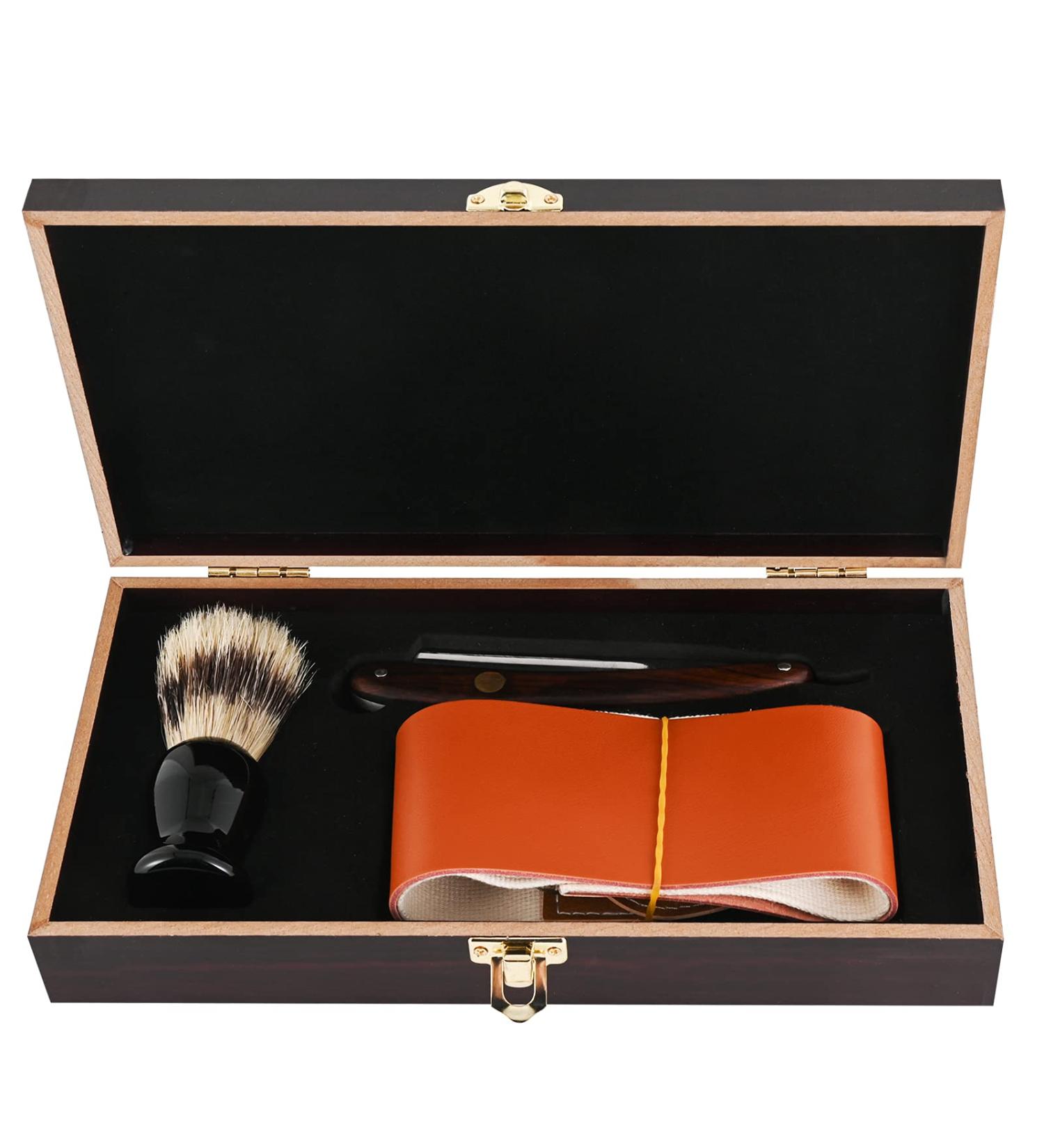 Vintage Wooden Straight Razor Set with Brush and Leather Strop | Classic Collection for Hair Shaving | Premium Quality - Buy Online on SooperMarket.com