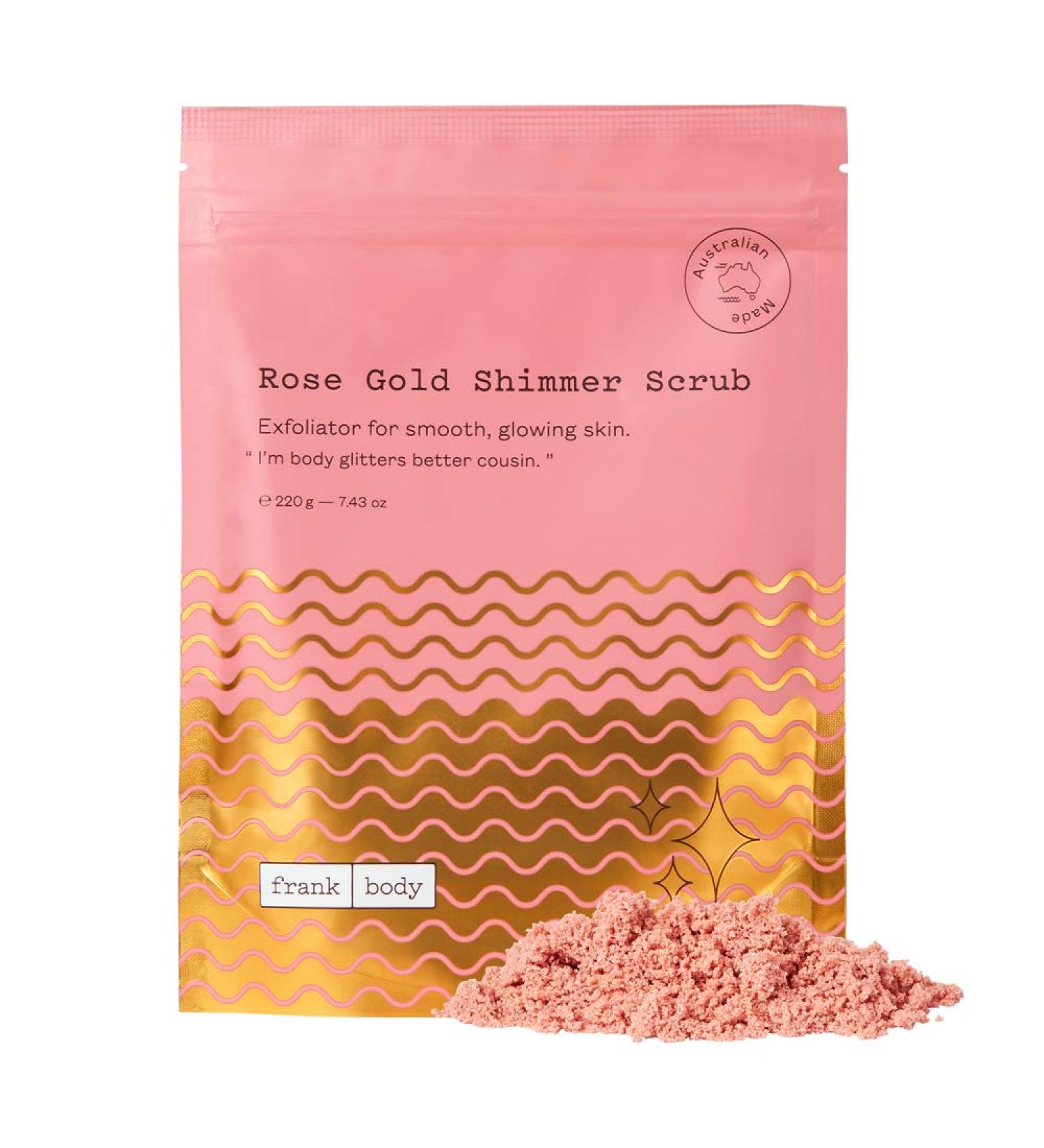Frank Body Rose Gold Shimmer Scrub | Vegan Cruelty Free Exfoliating Body Scrub | 7.43 oz | Sugar, Salt, Vitamin E, Grapeseed Oil - Buy Online on SooperMarket.com