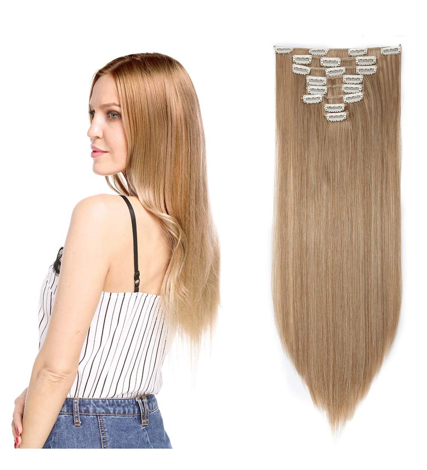23 Clip In Hair Extensions Set - Heat Resistant, Ash&Bleach Blond - 8 Pcs Full Head - Straight 23 Inch - Buy Online on SooperMarket.com