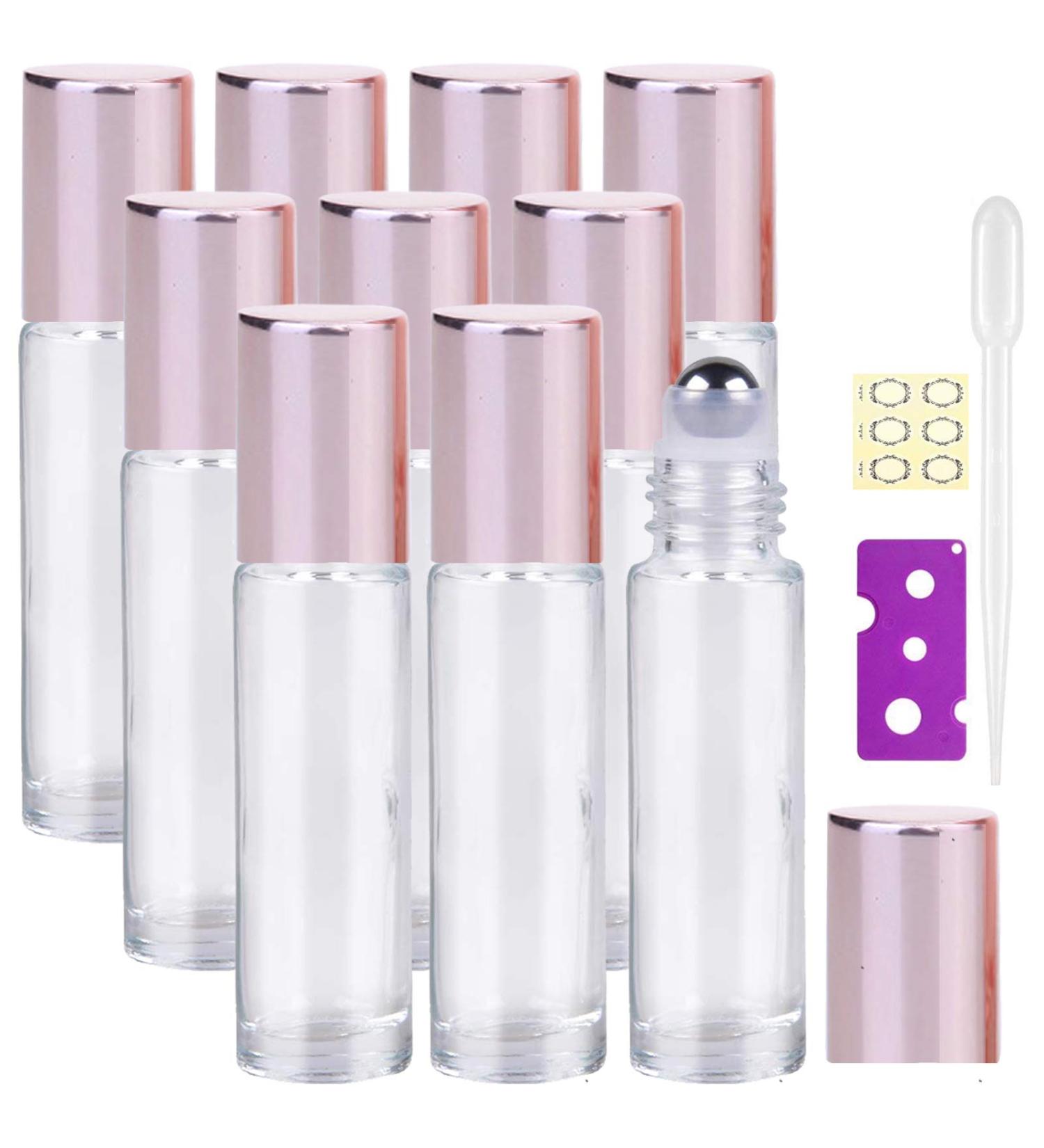 Alledomain 10Pcs 10ml Essential Oil Roller Bottles Refillable Transparent Glass Roll on Bottles Clear Roll Bottles with Stainless Steel Balls & Rose Gold Cap Include 12 Labels Dropper & Opener Color 3 - Buy Online on SooperMarket.com