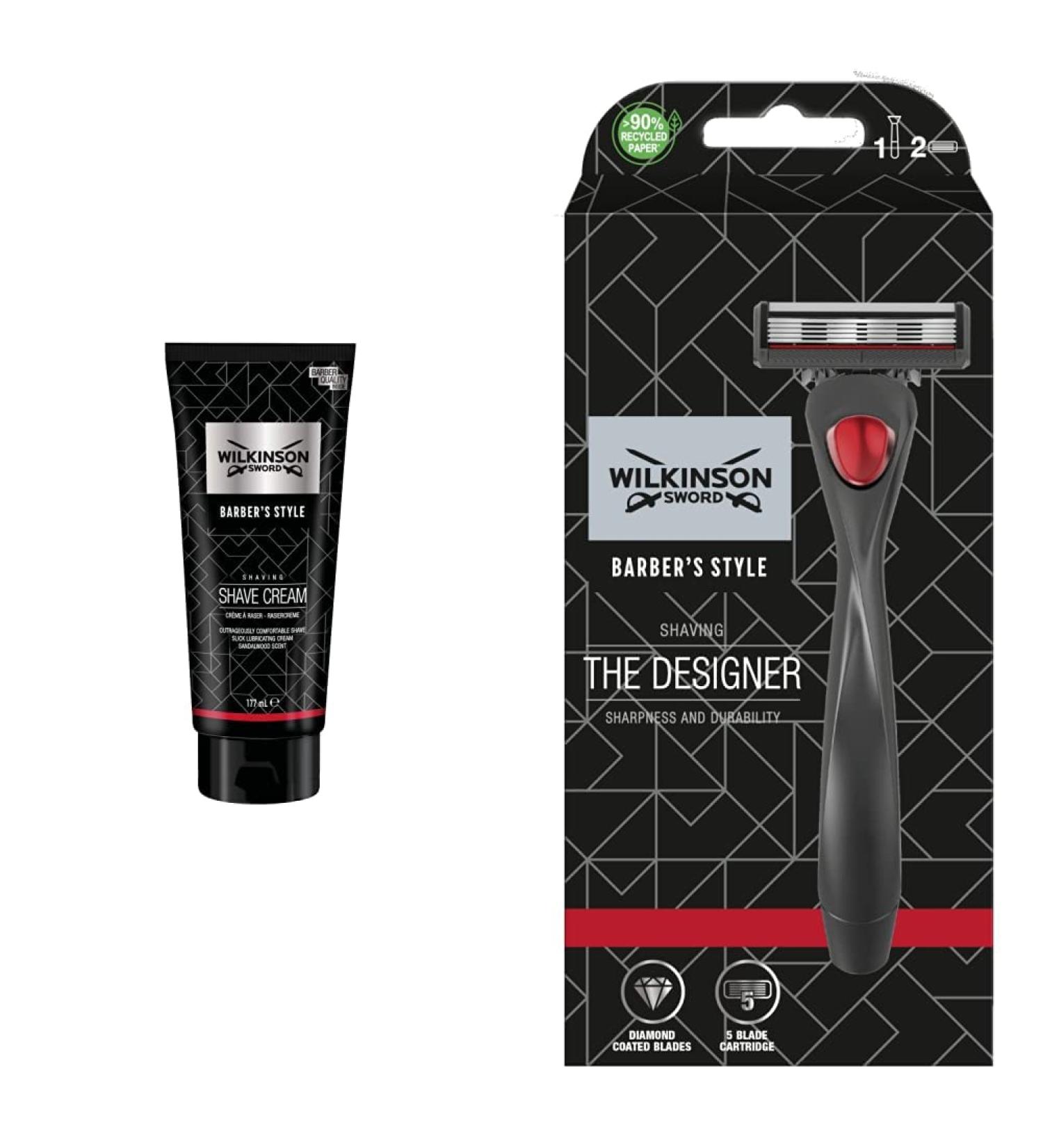 Wilkinson Sword Barber's Style Shaving Cream 177ml & Designer Razor Bundle with 2 Replacement Blades - Premium Men's Grooming Tools - Buy Online on SooperMarket.com