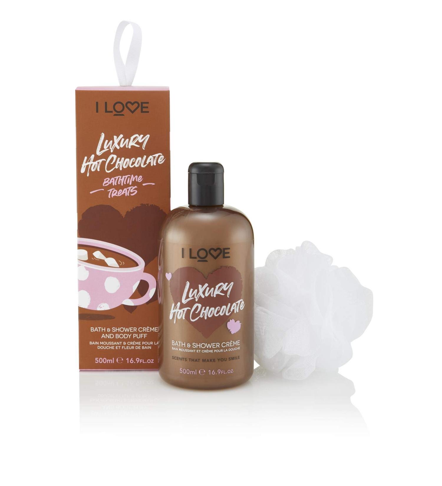 I Love Cosmetics | Hot Chocolate Bathtime Treats | Contains A Luxury Scented Hot Chocolate Bath and Shower Gel - 500ml Along With An Exfoliating Body Puff - Buy Online on SooperMarket.com