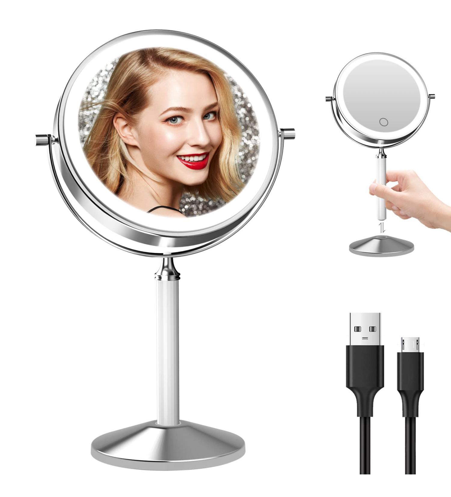 Rechargeable 8 inch Lighted Makeup Mirror with 10X Magnification - 2-Sided Vanity Mirror with Dimmable LED Lights - 360 Degree Adjustable Silver Finish - Buy Online on SooperMarket.com