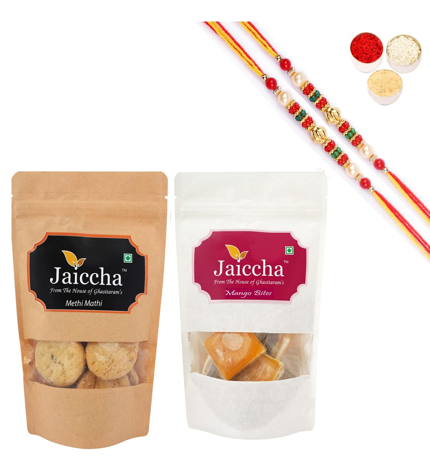 Ghasitaram Gifts Rakhi Gifts for Brothers Rakhi Sweets - Best of 2 Mango Bites 200 GMS and Methi Mathi 150 GMS Pouch with 2 Pearl Beads Rakhis - Buy Online on SooperMarket.com