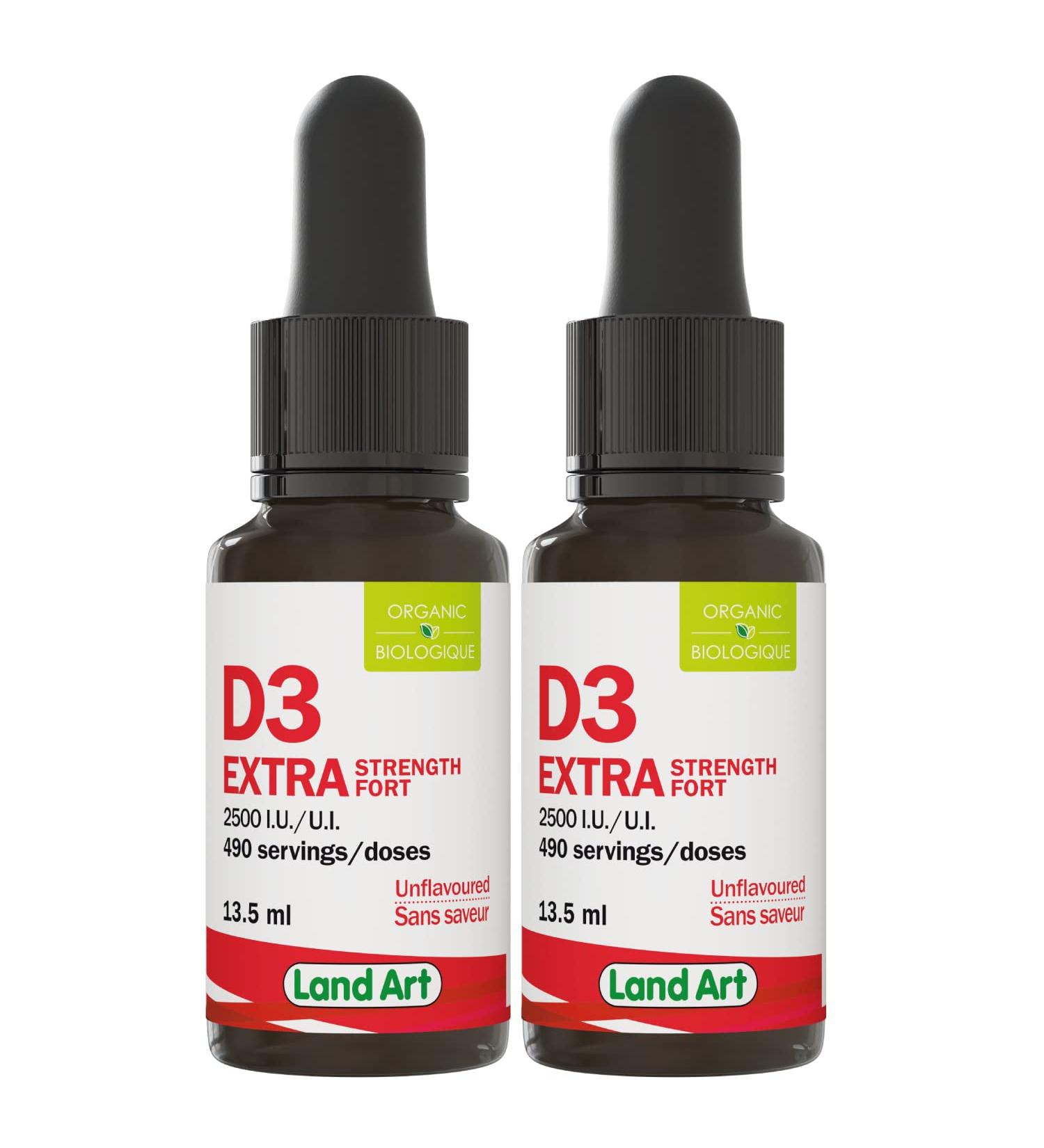 Certified Organic Vitamin D3 (490 Drops/Servings) - Extra Strength - 2500 IU Per Drop - Immune System Support - GMO Free - Gluten Free - Made in Canada - 13.5ml (Pack of 2) 13.5 ml (Pack of 2) - Buy Online on SooperMarket.com
