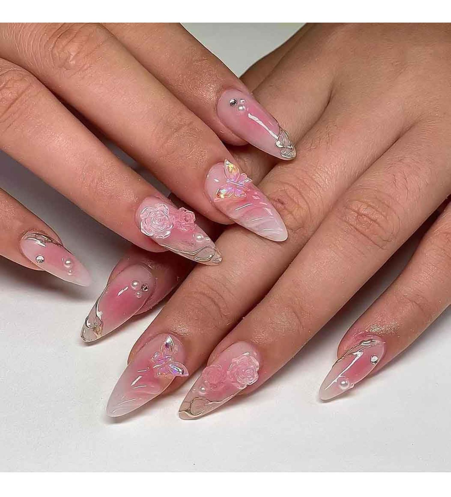 RikView Medium Press on Nails - Pink Almond Nails with 3D Flowers & Butterflies | Glossy Finish | 24 PCs Set - Buy Online on SooperMarket.com