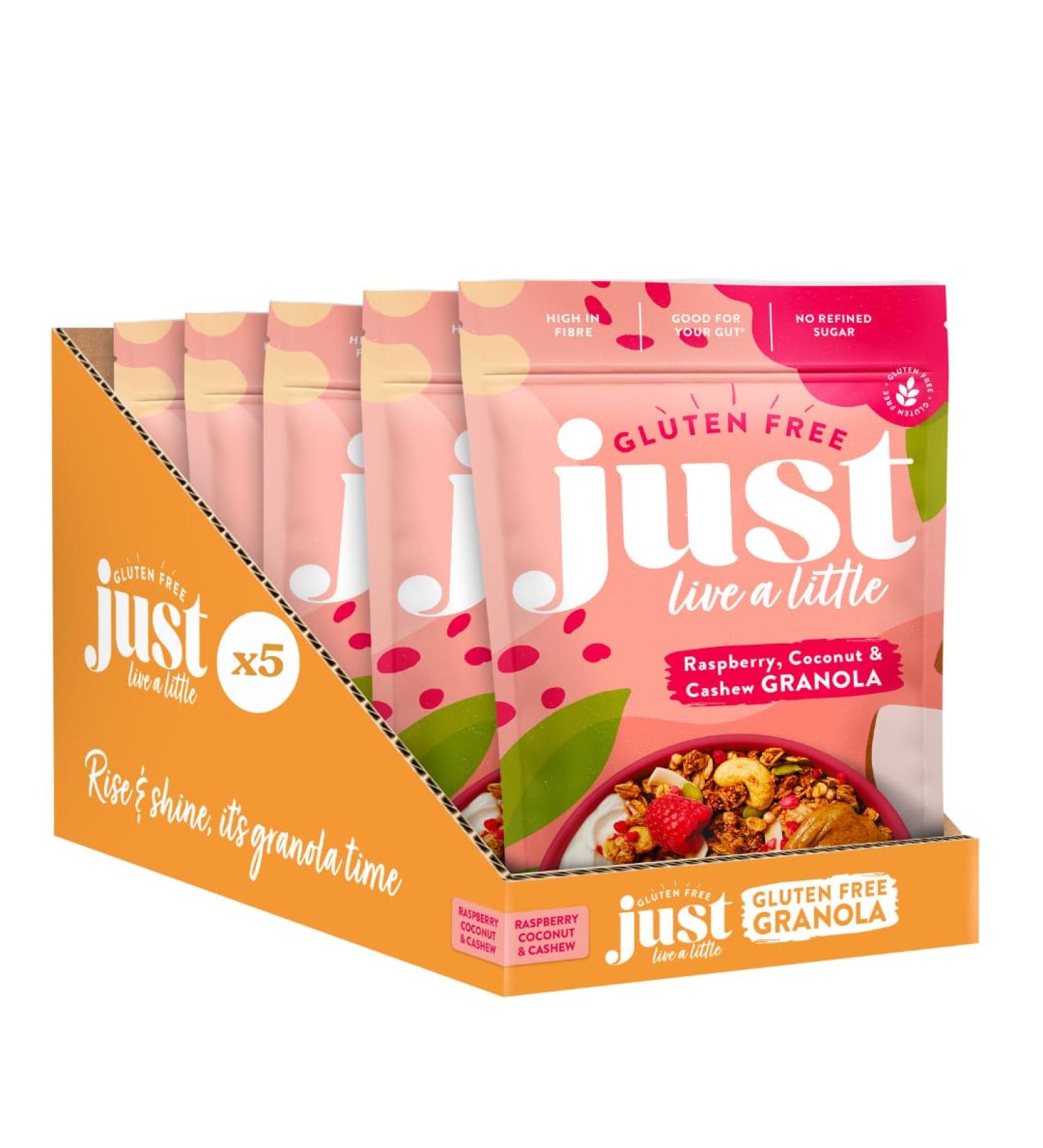 Just Live a Little Gluten Free Granola | 5 x 360g packs | Vegan Granola No Added Sugar (Raspberry Coconut & Cashew Granola) - Buy Online on SooperMarket.com