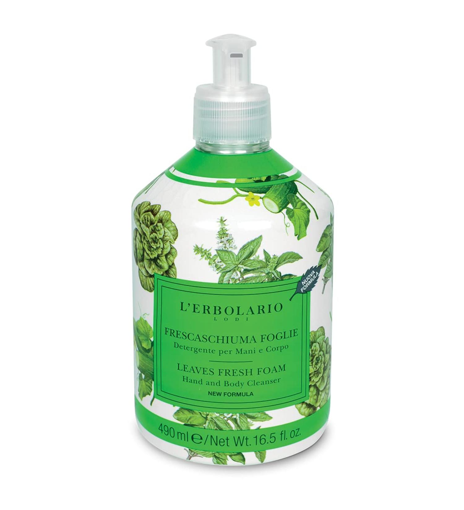 Liquid soap with green leaves