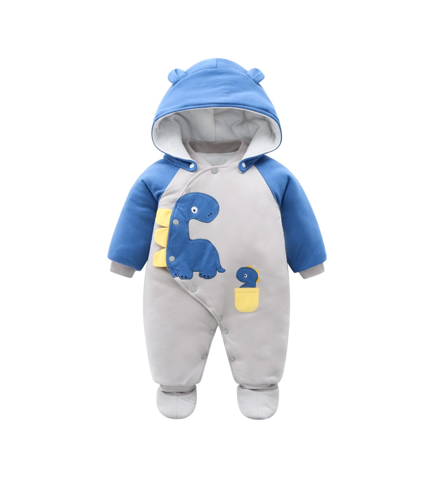 Baby Snowsuit Winter Romper | Cotton Jumpsuit with Detachable Hood | Cartoon Dinosaur Design | 6-9 Months Blue - Buy Online on SooperMarket.com