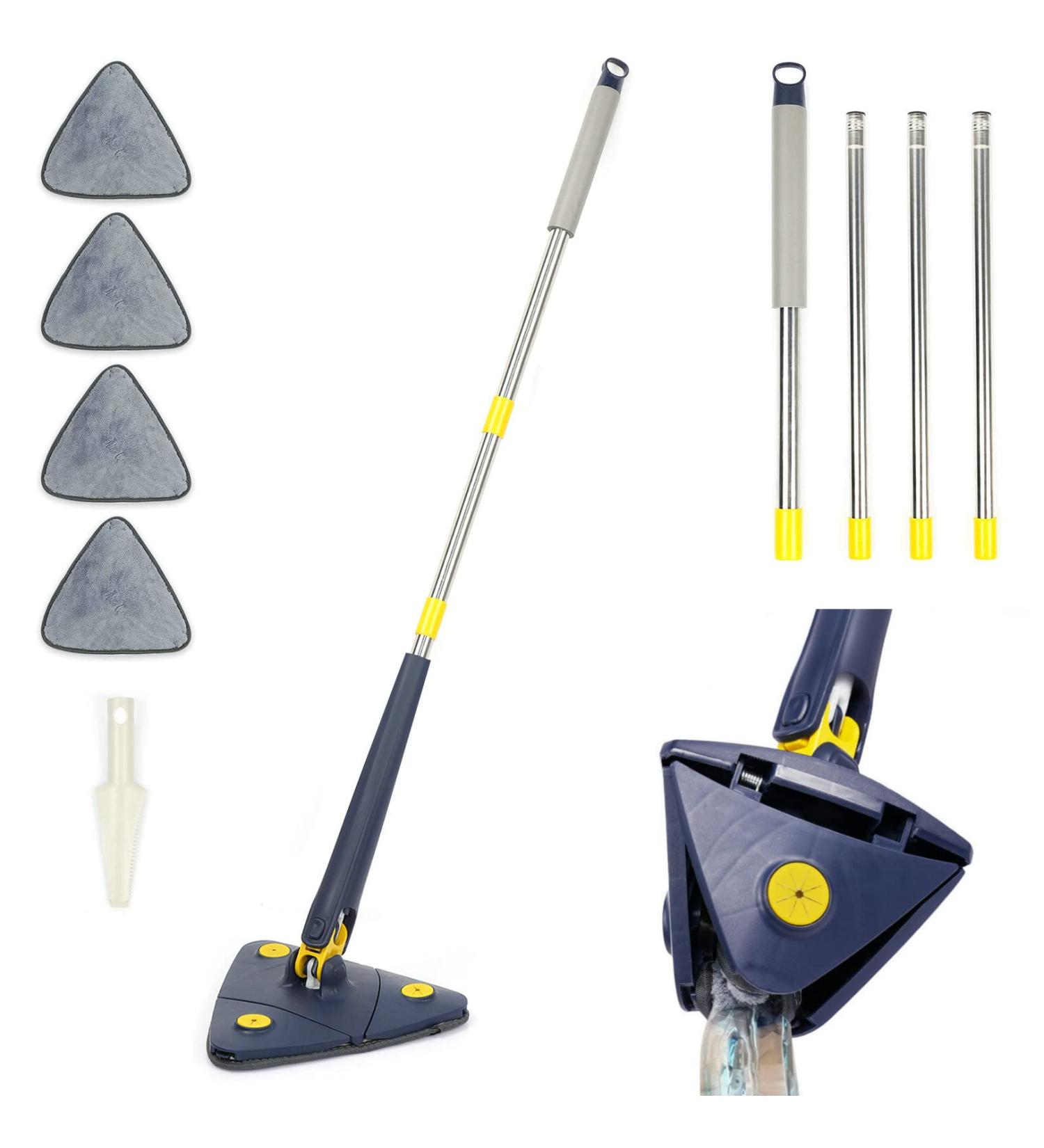 Rotatable Adjustable Cleaning Mop | 85 Long Handle 360 Triangle Baseboard Wall Cleaner with Extension Pole | 4 Reusable Washable Pads | Wet Dry for Ceiling Floor Wall | Blue - Buy Online on SooperMarket.com