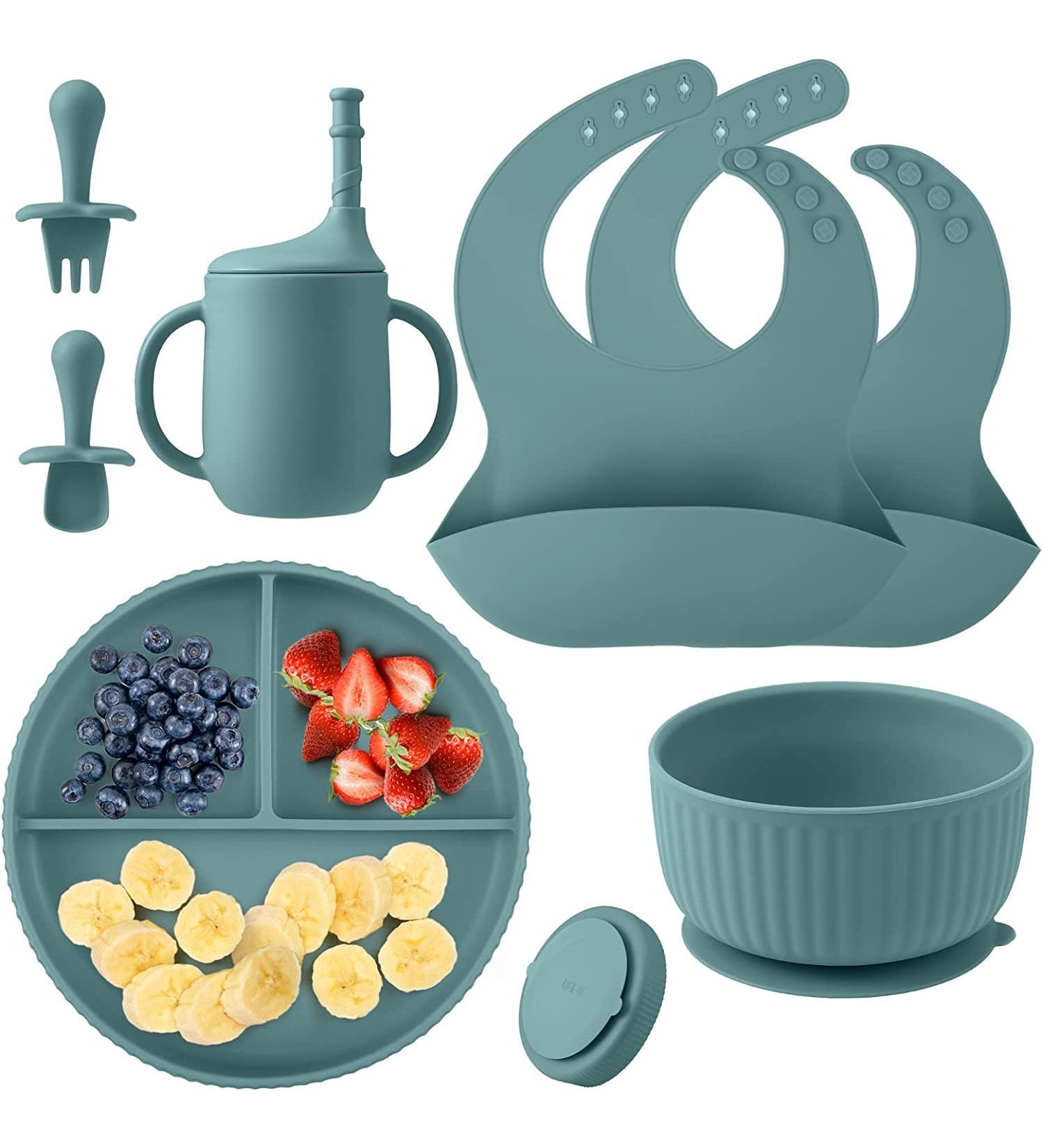 Baby Feeding Set: Silicone Bib, Suction Divided Bowl, Spoon, Fork - Toddler Utensils for Baby Led Weaning - 6 Months (Blue Green) - Buy Online on SooperMarket.com