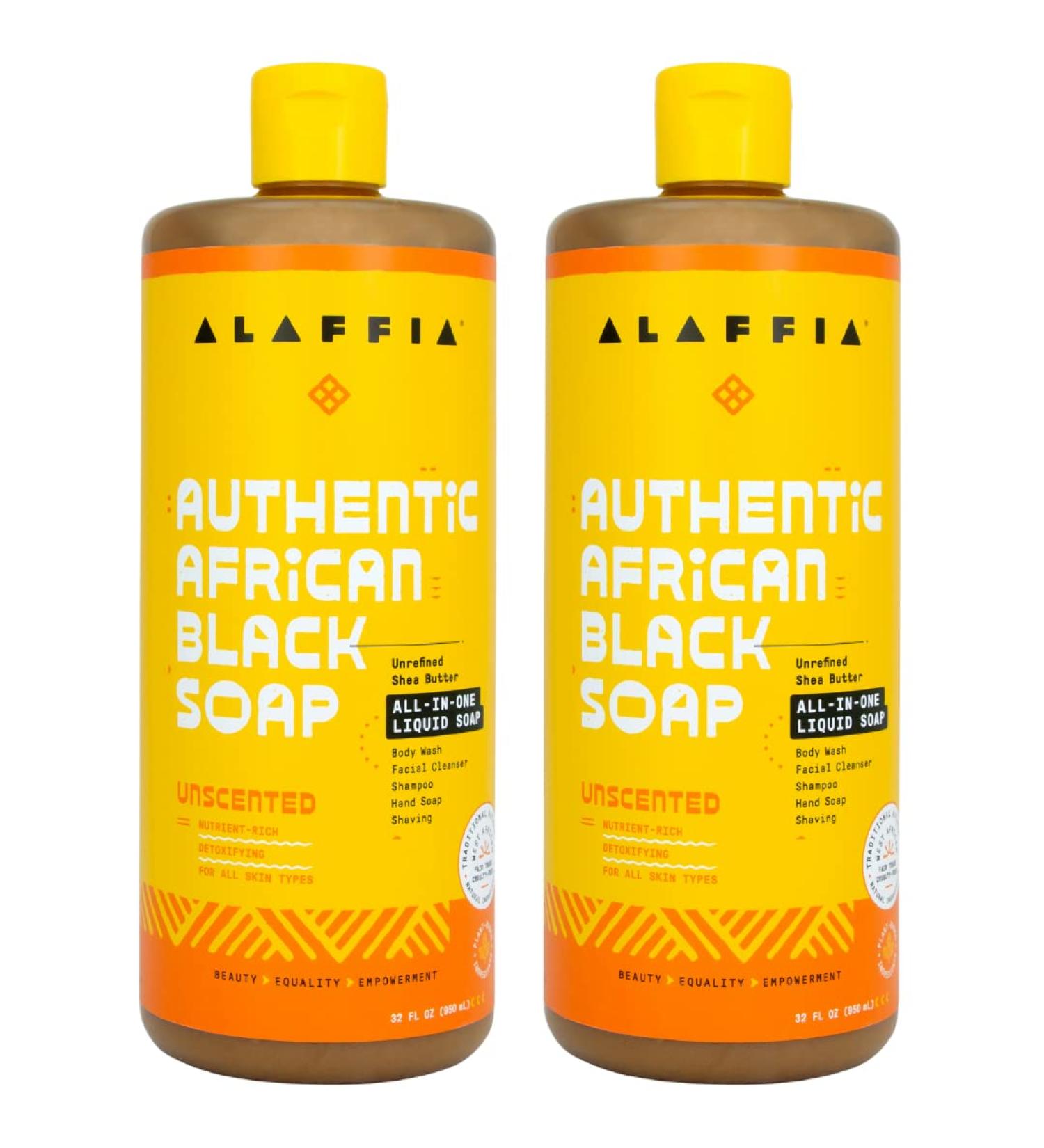 Alaffia Authentic African Black Soap - 2 Pack 32 Fl Oz | All-in-One Body Wash, Face Wash, Shampoo & Shaving Soap with Fair Trade Shea Butter, Unscented - Buy Online on SooperMarket.com