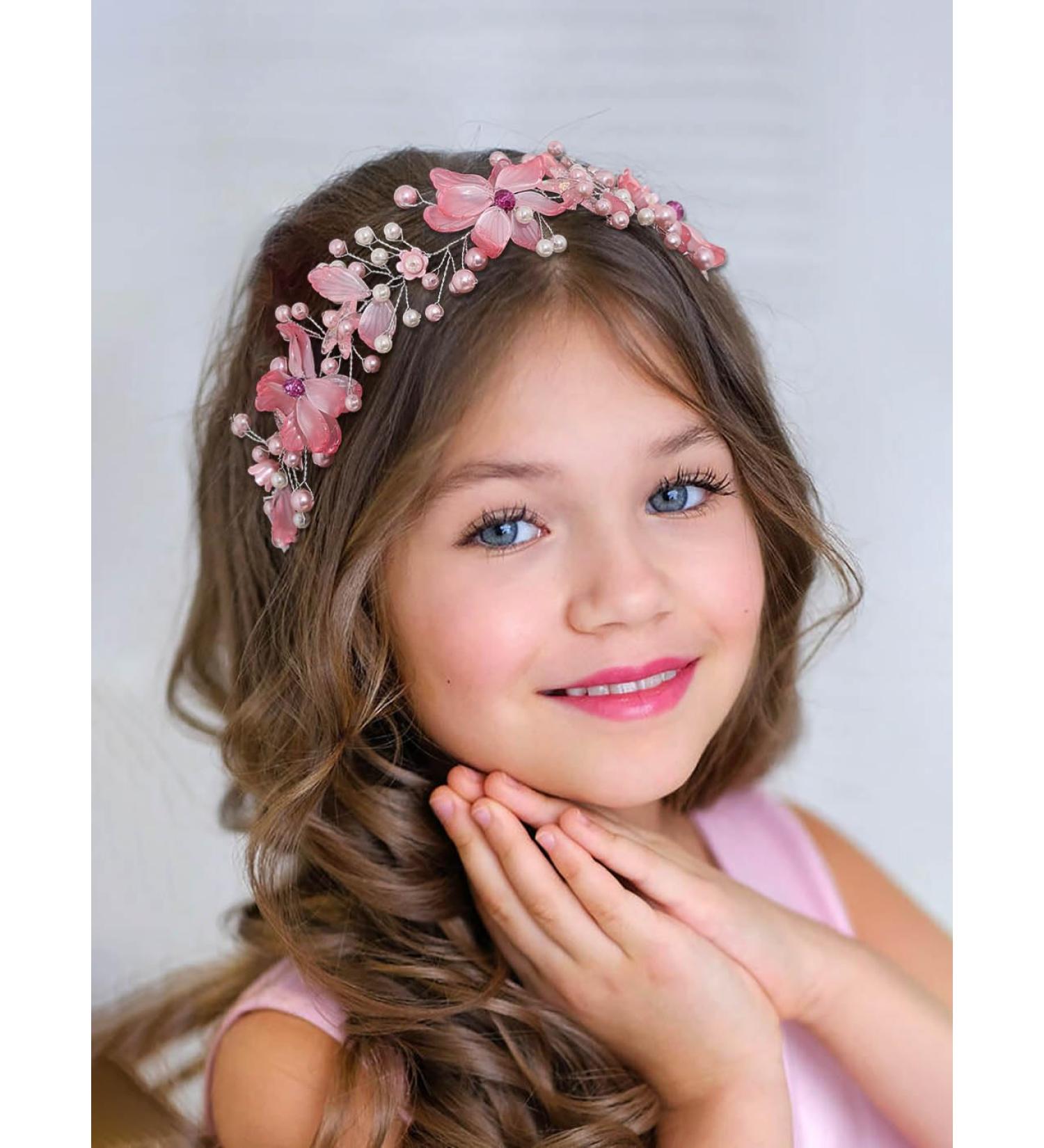 IYOU Flower Girl Hair Accessories Pink Floral Wedding Headband Pearl Wedding Holy Communion Headpiece for Girls - Buy Online on SooperMarket.com