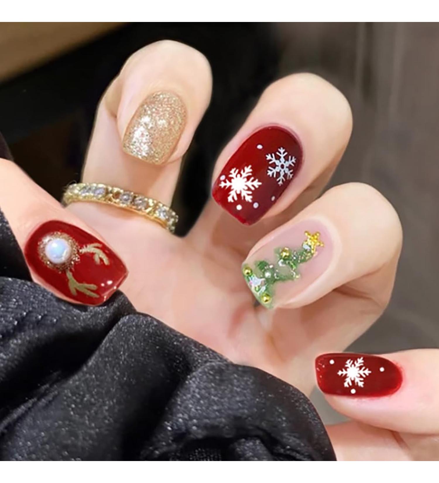 Brishow Christmas False Nails - Snow Press on Nails with Christmas Tree & Antler Design - Short Red Fake Nails for Women and Girls (24pcs) - Buy Online on SooperMarket.com