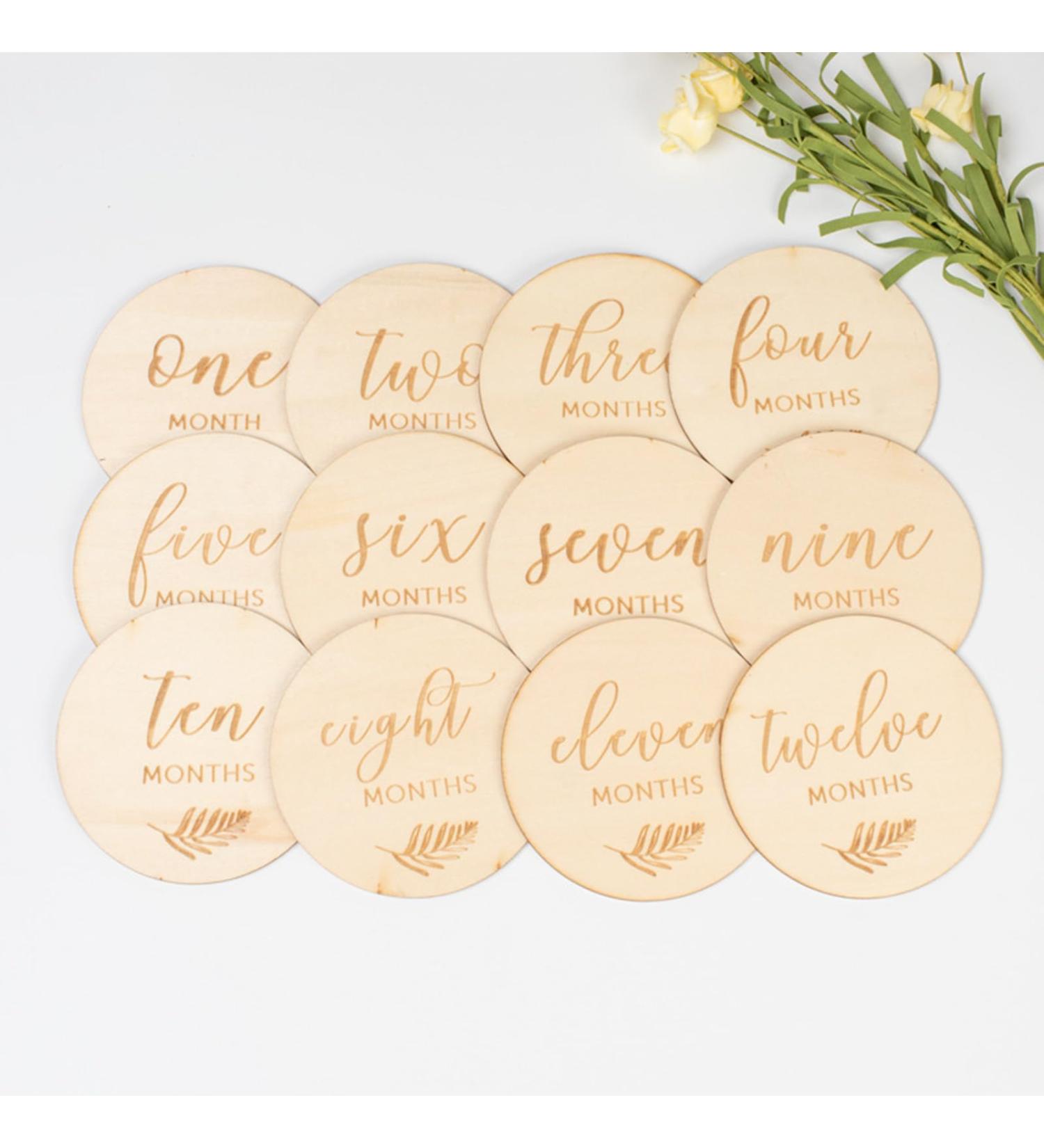 Joy Depot 12-Piece Baby Monthly Wooden Cards and Discs Set for Newborns | Double-Sided Milestone Photo Props | Baby Shower Gift | 0-12 Months Growth Recording - Buy Online on SooperMarket.com