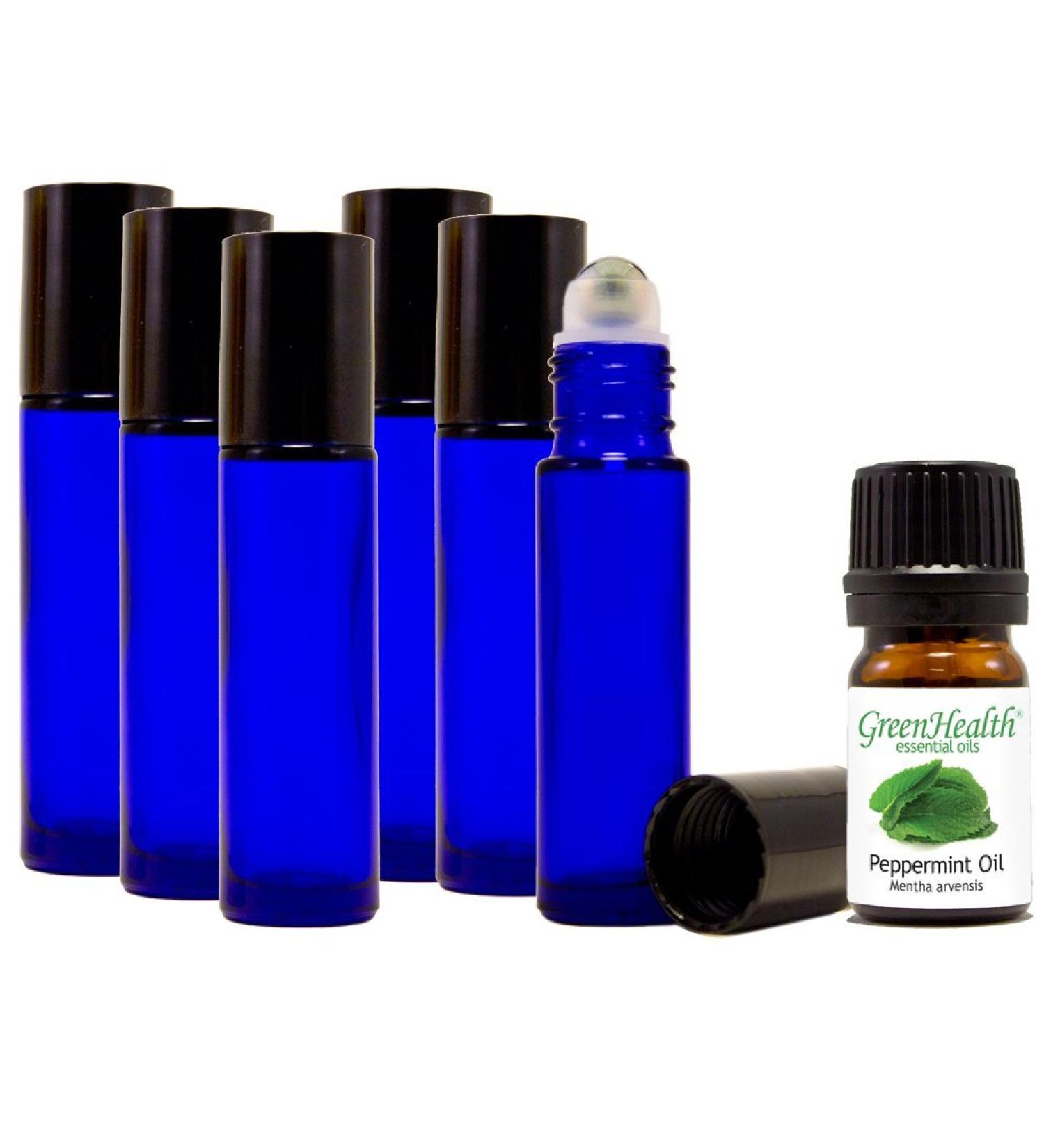 GreenHealth 10ml Glass Roll-On Bottles with Stainless Steel Roller (Pack of 6) + 5ml Peppermint Oil - Premium Quality for Essential Oils | International Shipping Available - Buy Online on SooperMarket.com