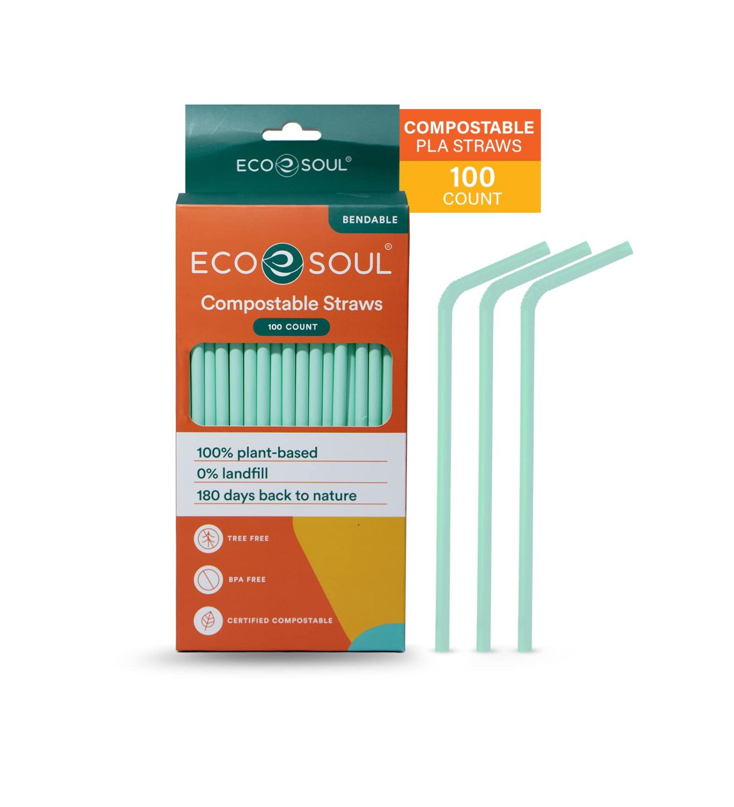 ECO SOUL 100% Compostable Straws - 100 Count, 8.25 inch, Eco-Friendly, Biodegradable, Sustainable, Disposable Straws for Cocktails, Cold Drinks, Smoothies - Bendable - Buy Online on SooperMarket.com