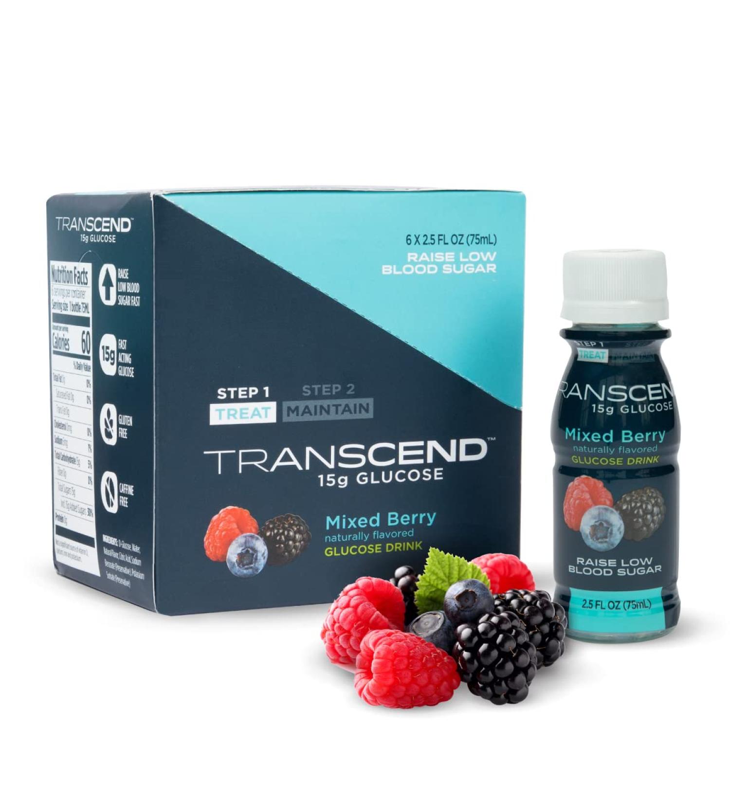 Transcend Mixed Berry Glucose Shots - 6 Pack (2.5oz Each) - FSA/HSA Eligible - Blood Sugar Support for Diabetics - Vegan 15g Dose - Made in USA - Buy Online on SooperMarket.com