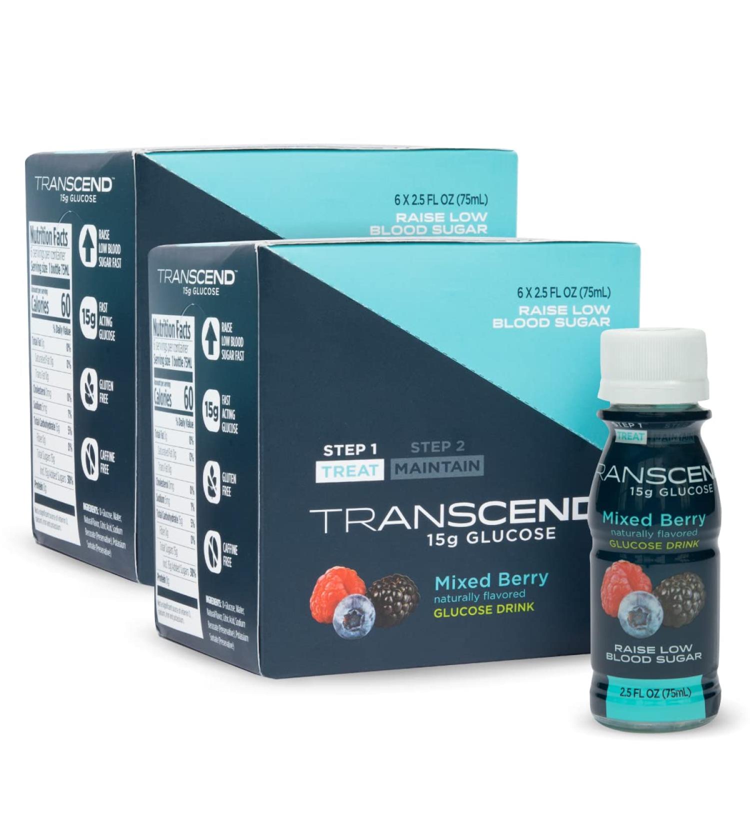 Transcend Mixed Berry Glucose Shots 12 Pack - Fast Acting Blood Sugar Support for Diabetics - Gluten Free Vegan Formula - 15g Dose - Made in USA - 2.5oz Each (Pack of 12) - Buy Online on SooperMarket.com