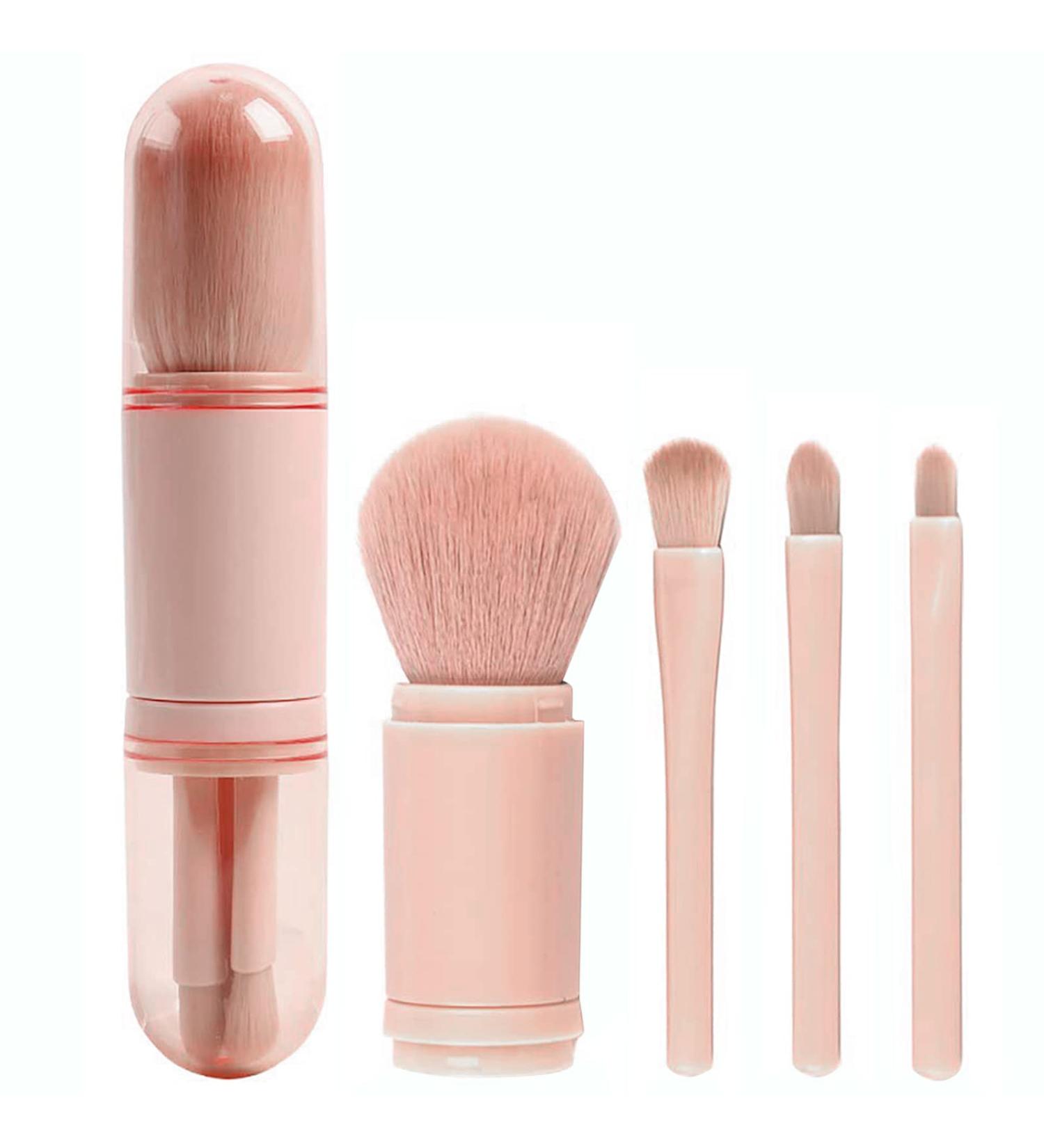 JewelryWe 4 in 1 Retractable Makeup Brush Set - Travel Lip Highlight Eyeshadow & Foundation Brushes | Portable Pink Cosmetic Brushes - Buy Online on SooperMarket.com