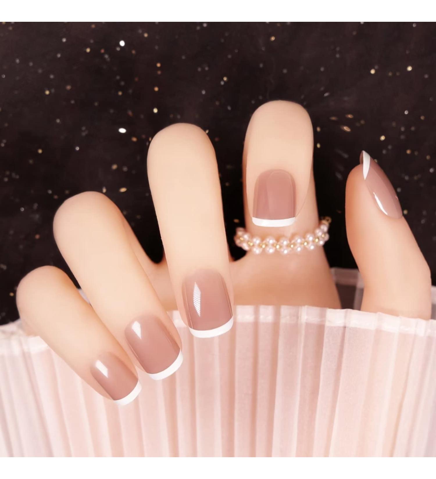 French Tip Press on Nails Medium Nude - 24Pcs Acrylic False Nails for Women and Girls - Buy Online on SooperMarket.com