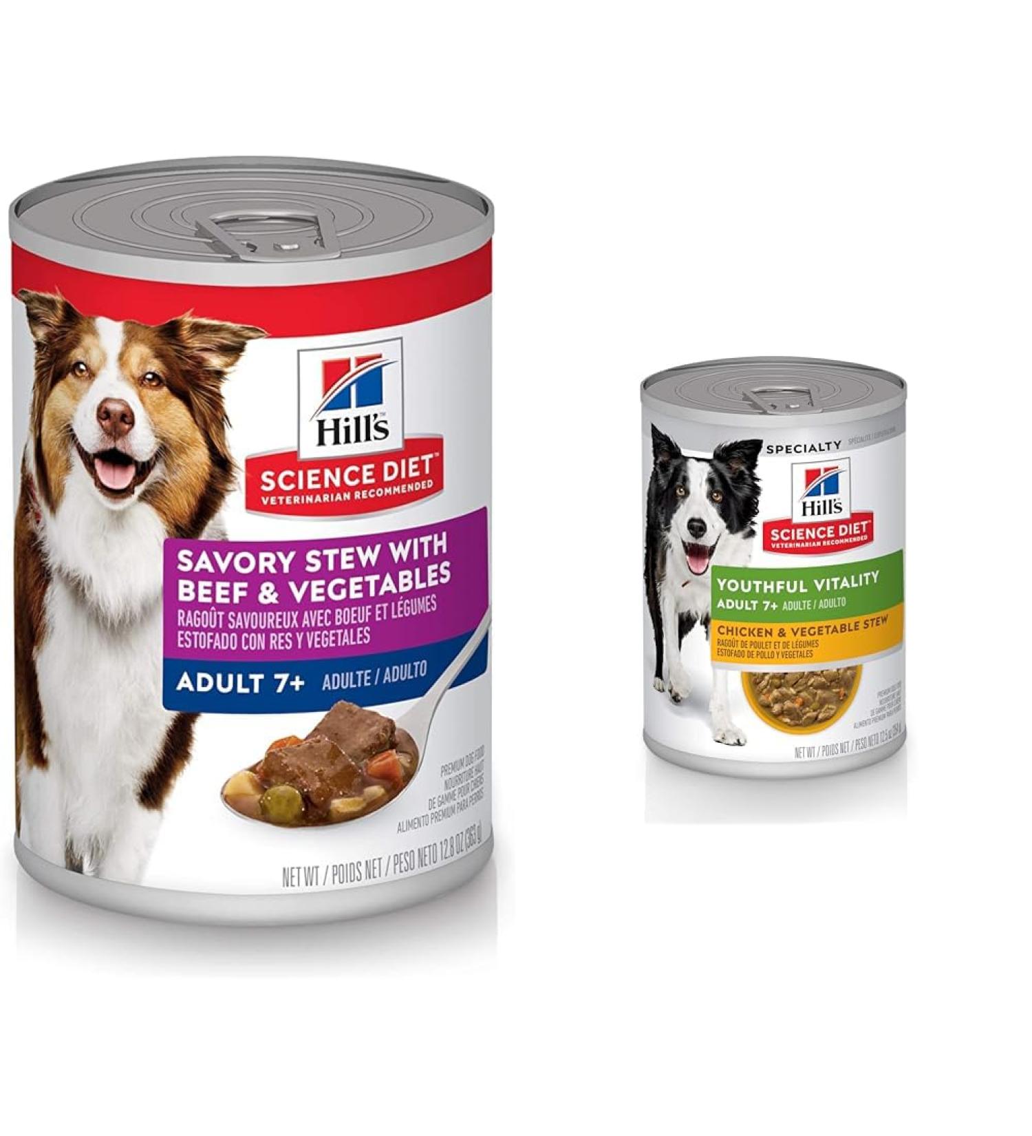 Hill's Science Diet Senior 7+ Canned Dog Food Savory Stew with Beef & Vegetables 12.8 oz 12 Pack wet dog food & Adult 7+ Senior Vitality Canned Dog Food Chicken & Vegetable Stew 12.5 oz - Buy Online on SooperMarket.com